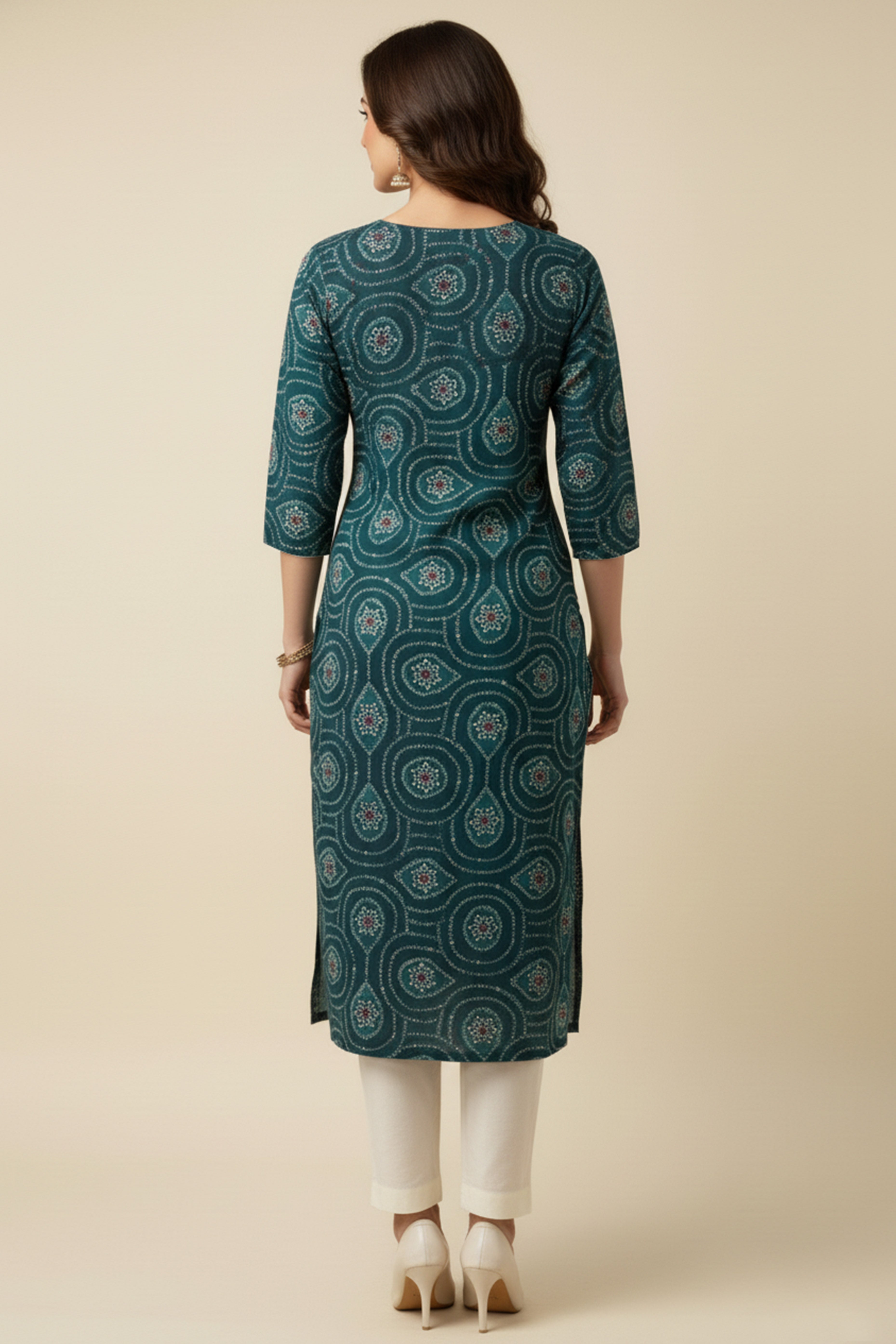 Teal Bandhani Rayon Straight Kurti with Traditional Print