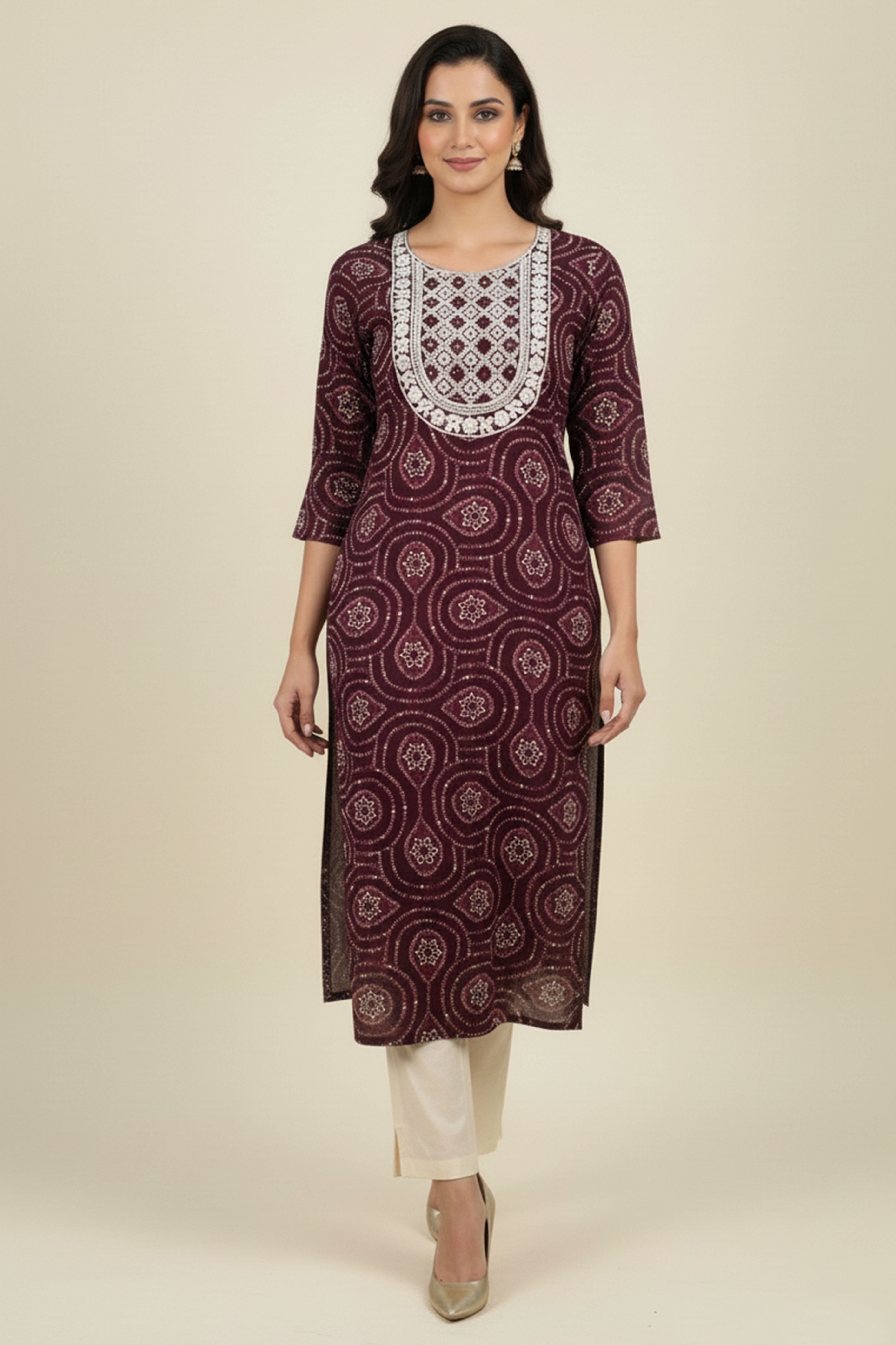 Wine Bandhani Rayon Straight Kurti with Traditional Print