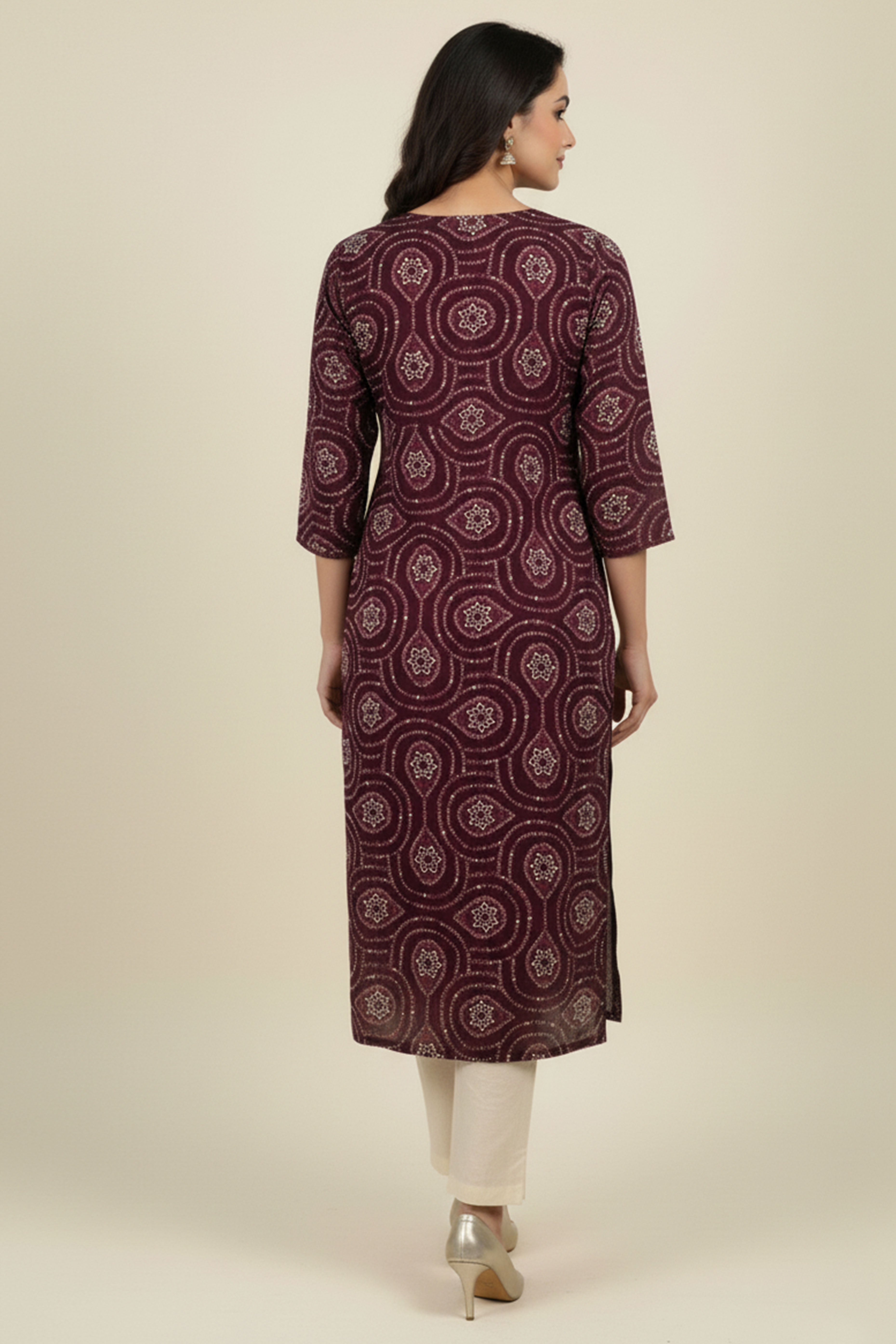 Wine Bandhani Rayon Straight Kurti with Traditional Print