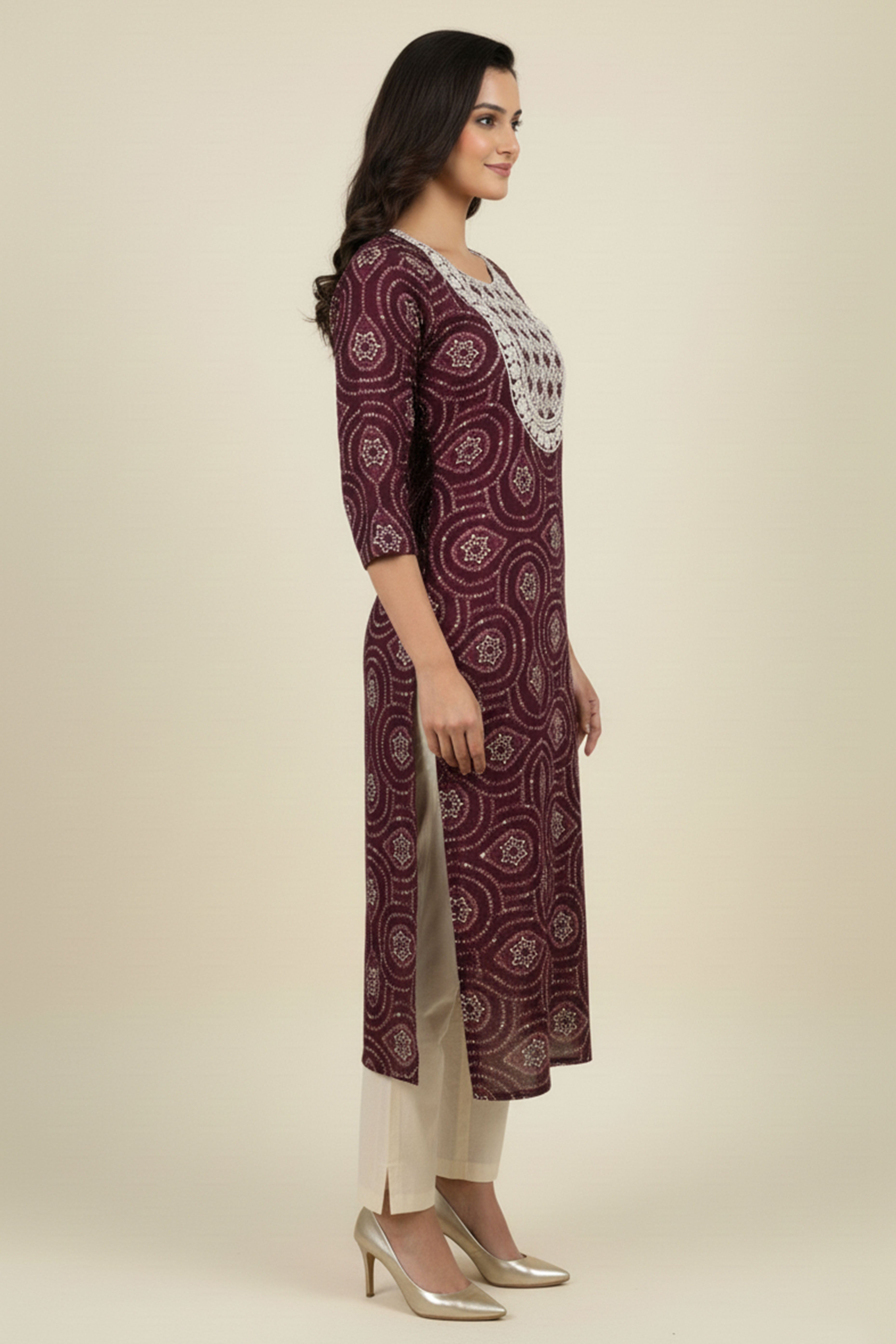 Wine Bandhani Rayon Straight Kurti with Traditional Print