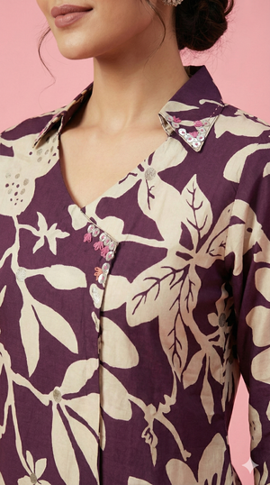 Purple Angrakha Overlap Kurta Floral Printed Muslin Co Ord Set Party Wear