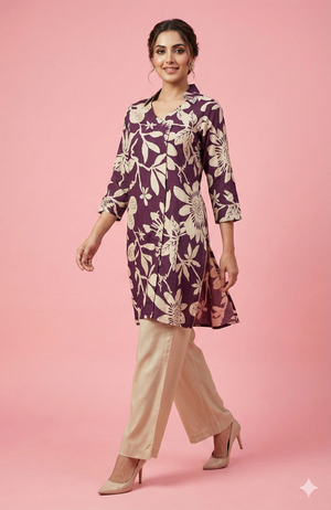 Purple Angrakha Overlap Kurta Floral Printed Muslin Co Ord Set Party Wear