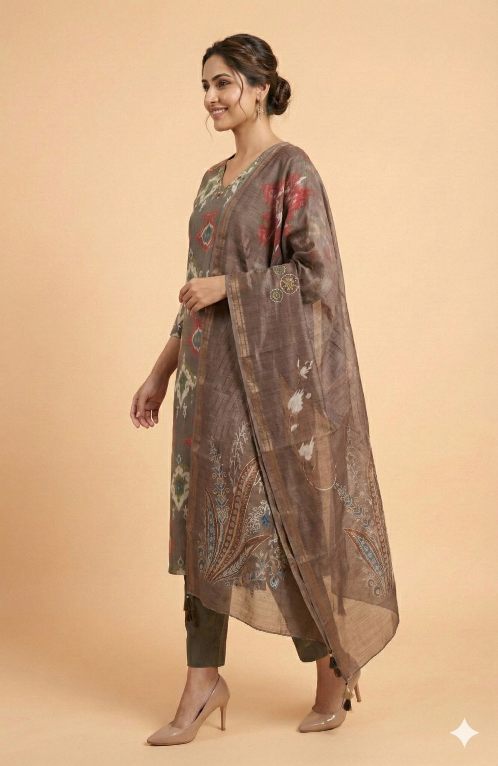 Grey Ikkat Printed Viscose Straight Fit Salwar Suit for a Stylish Ethnic Look