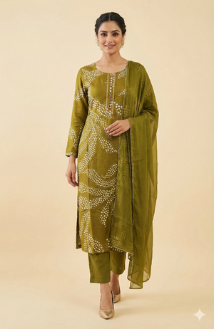 Mehendi Green Rayon Straight Cut Salwar Suit With Minimal Polka Dot Design