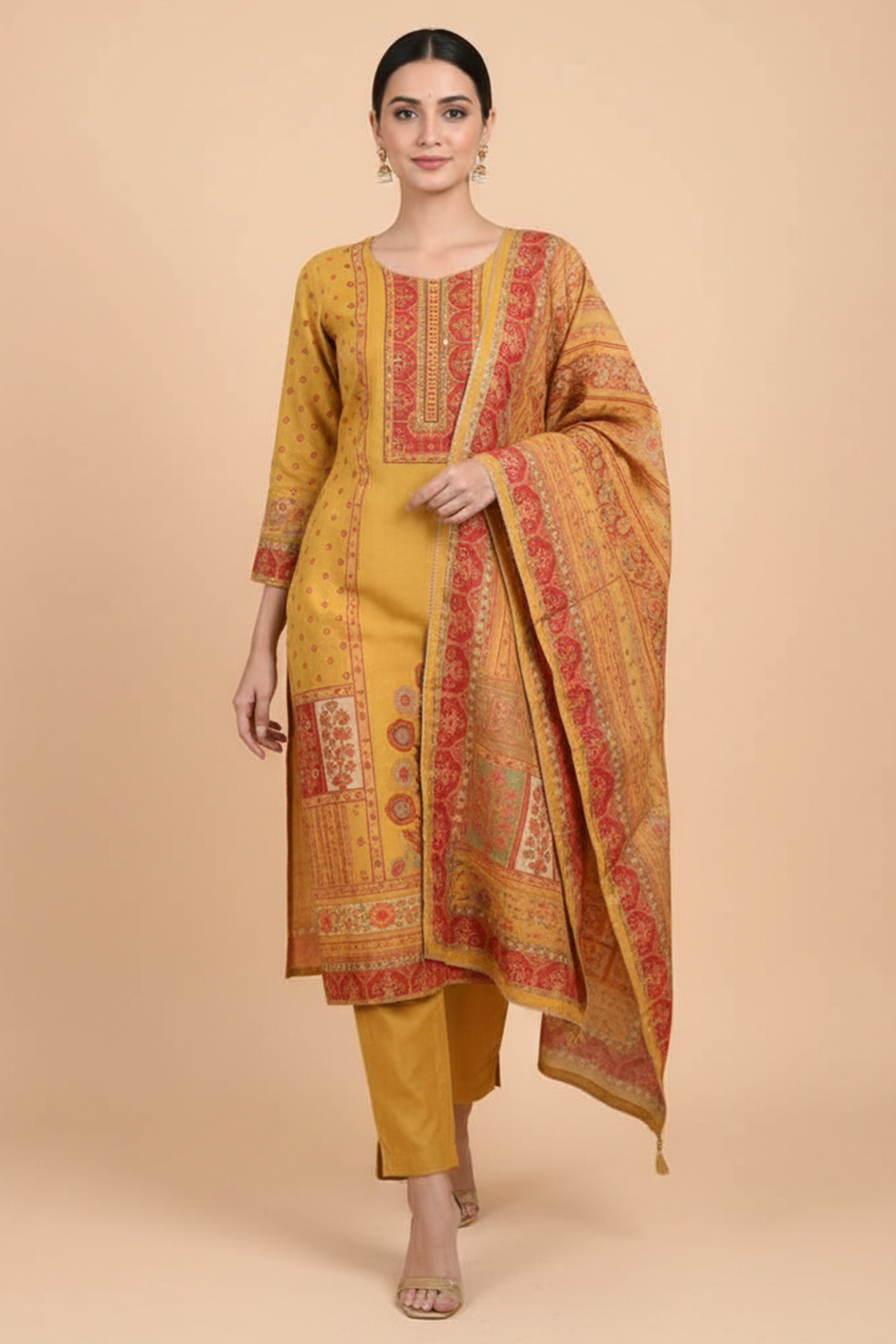Yellow Muslin Suit Set Featuring Printed Design and Embroidered Neck Work