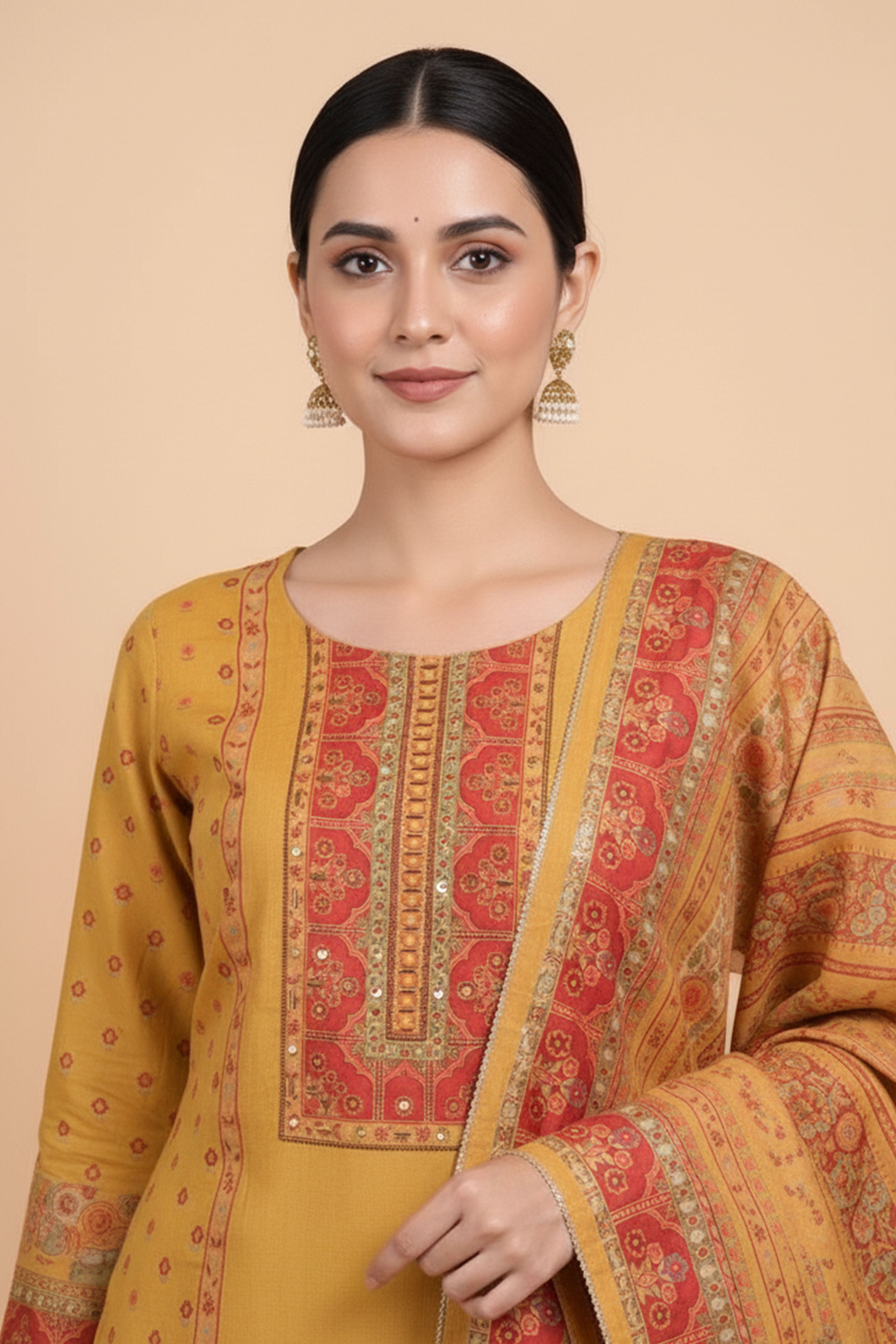 Yellow Muslin Suit Set Featuring Printed Design and Embroidered Neck Work