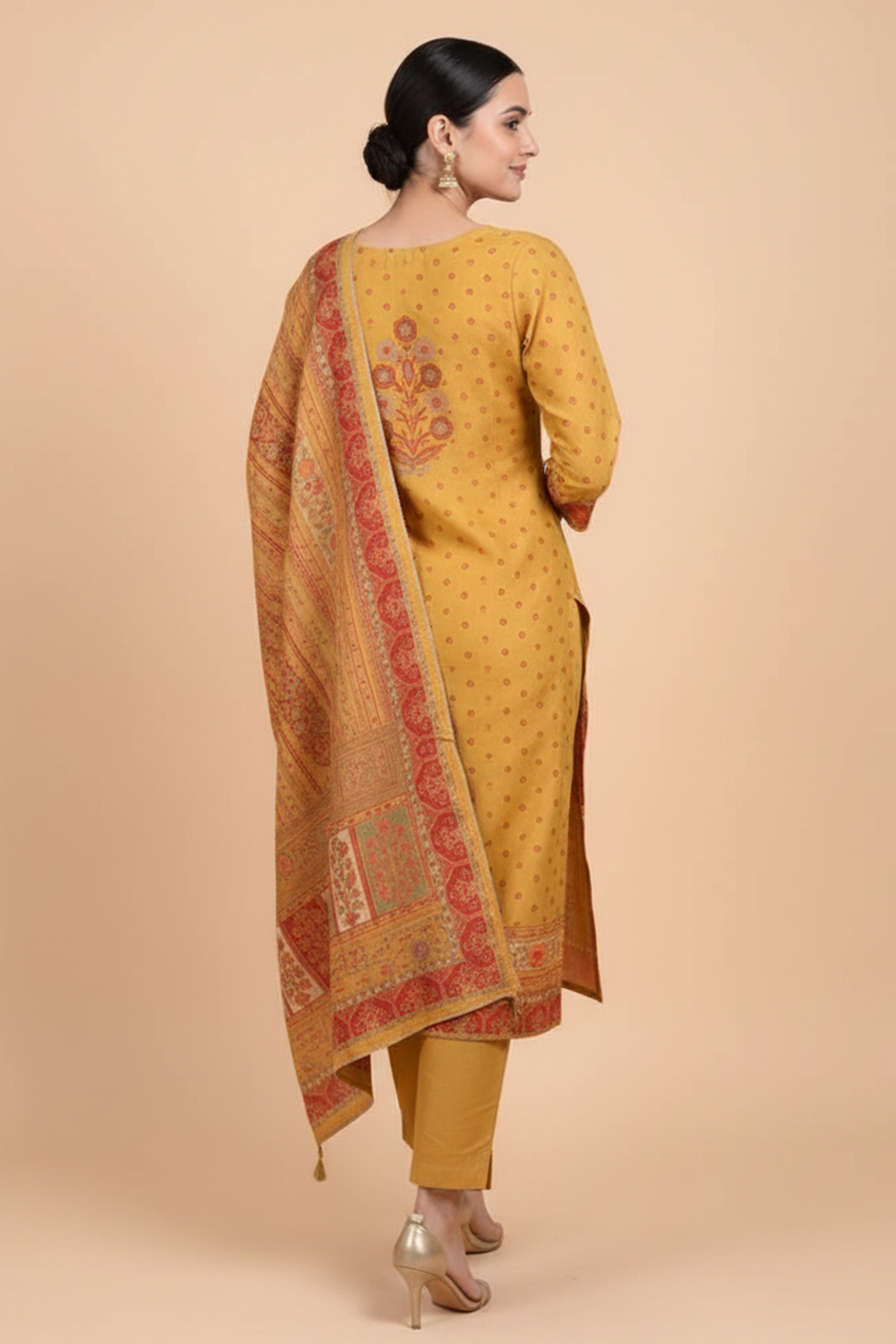 Yellow Muslin Suit Set Featuring Printed Design and Embroidered Neck Work