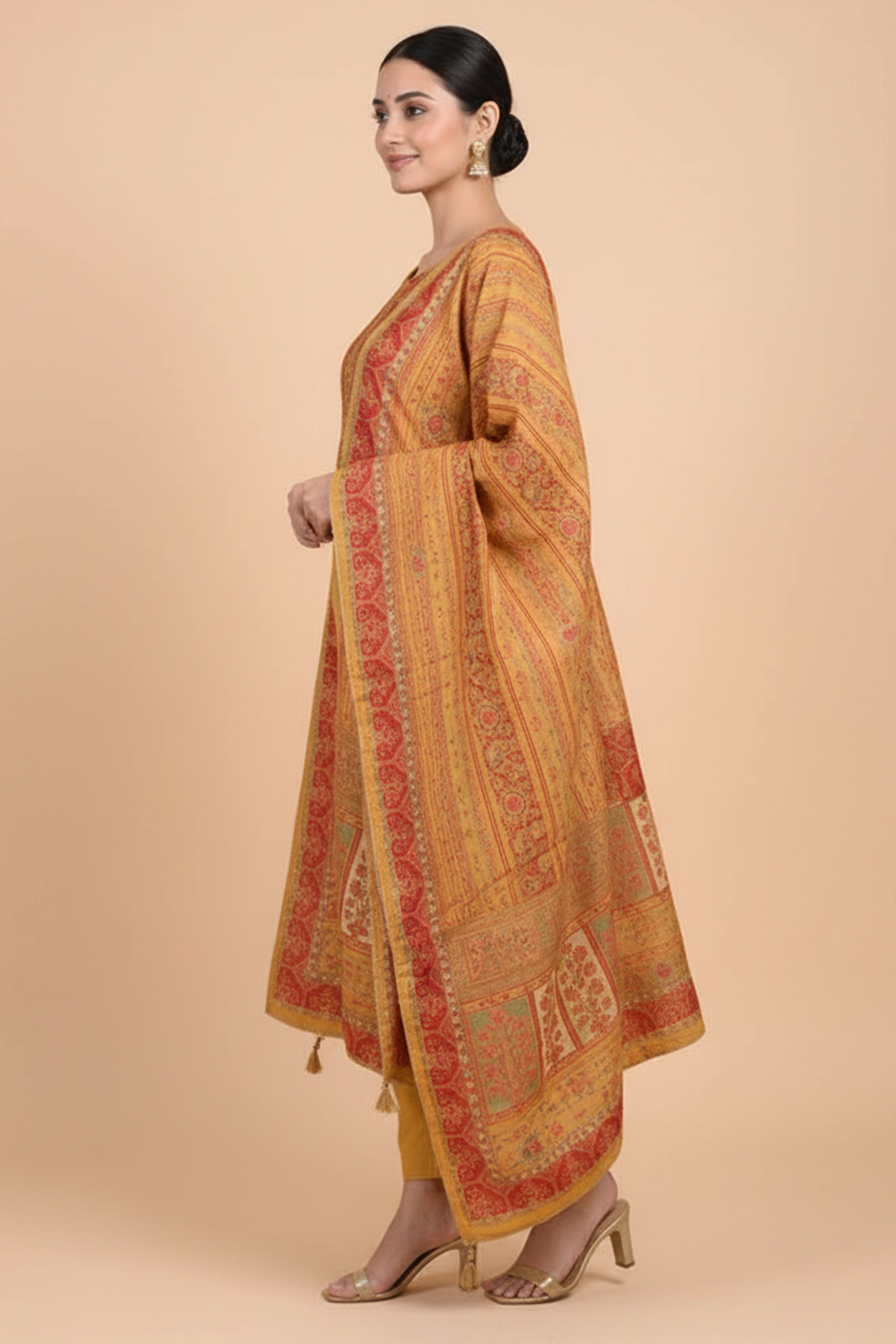 Yellow Muslin Suit Set Featuring Printed Design and Embroidered Neck Work