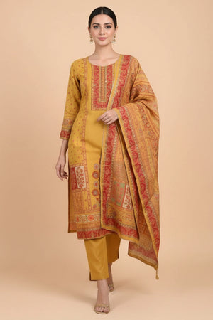 Yellow Muslin Suit Set Featuring Printed Design and Embroidered Neck Work