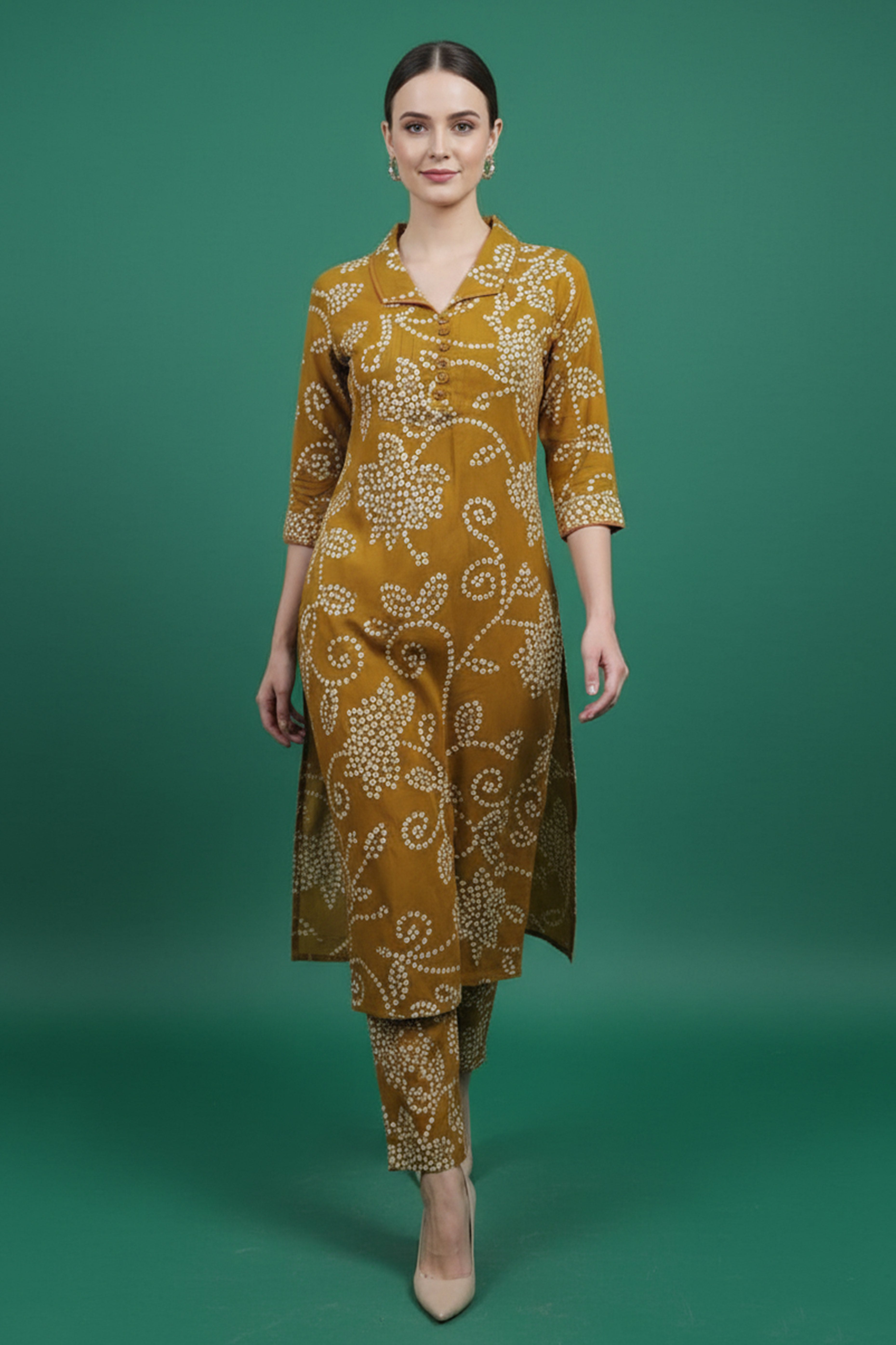 Green Bandhani Print Straight Fit Top Bottom Set in Comfortable Rayon Fabric