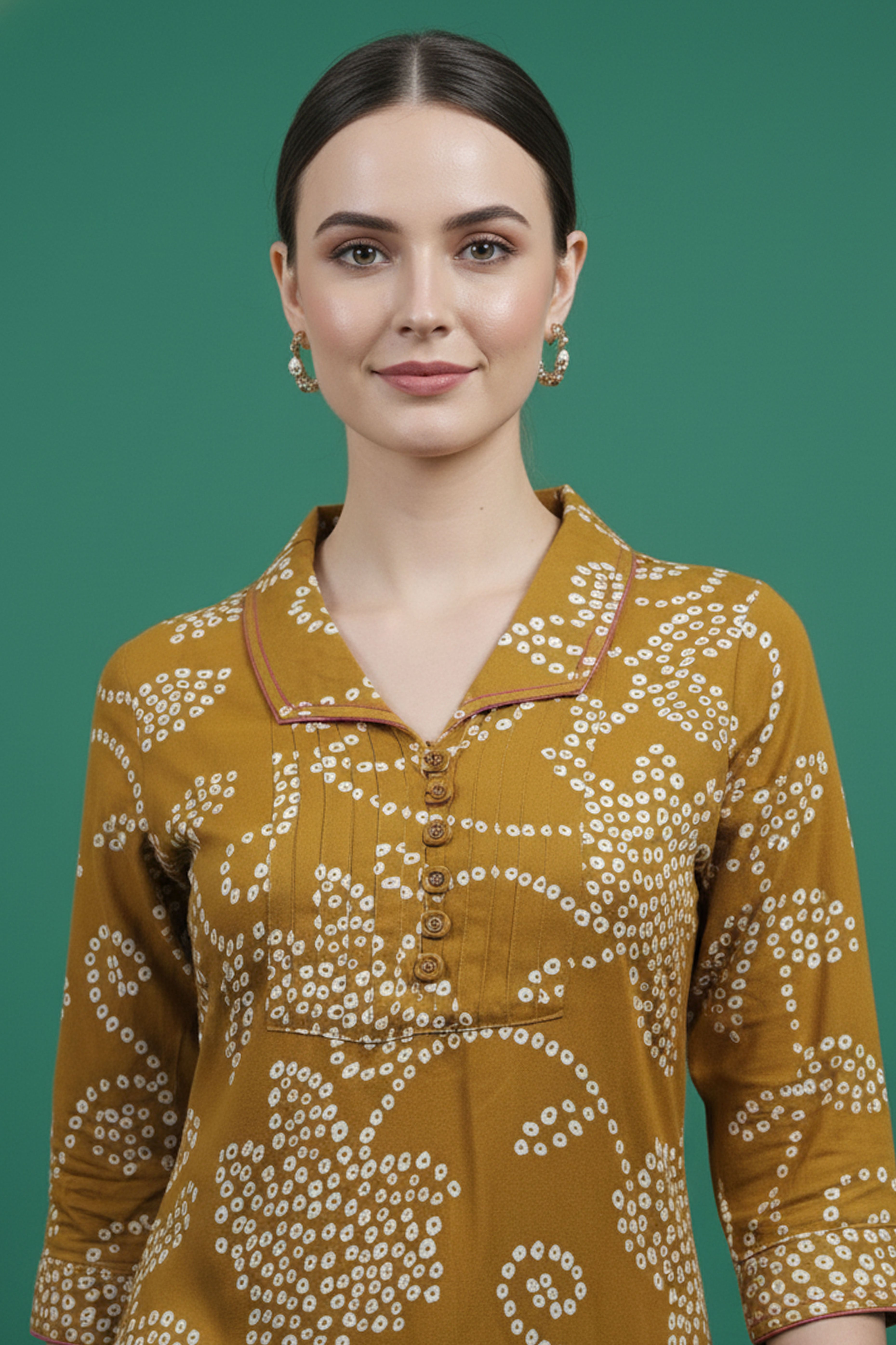 Green Bandhani Print Straight Fit Top Bottom Set in Comfortable Rayon Fabric