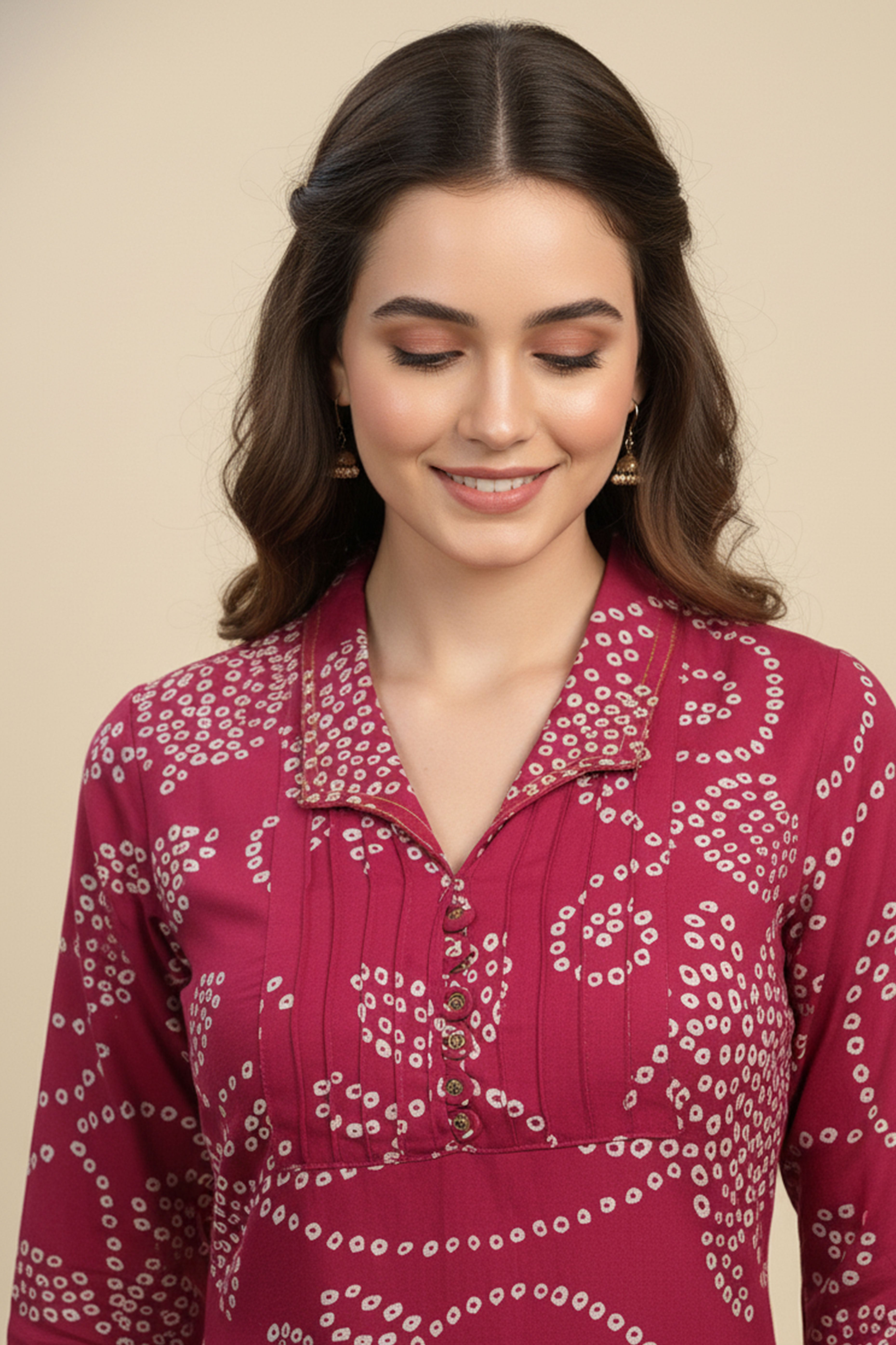 Pink Bandhani Print Straight Fit Top Bottom Set in Comfortable Rayon Fabric