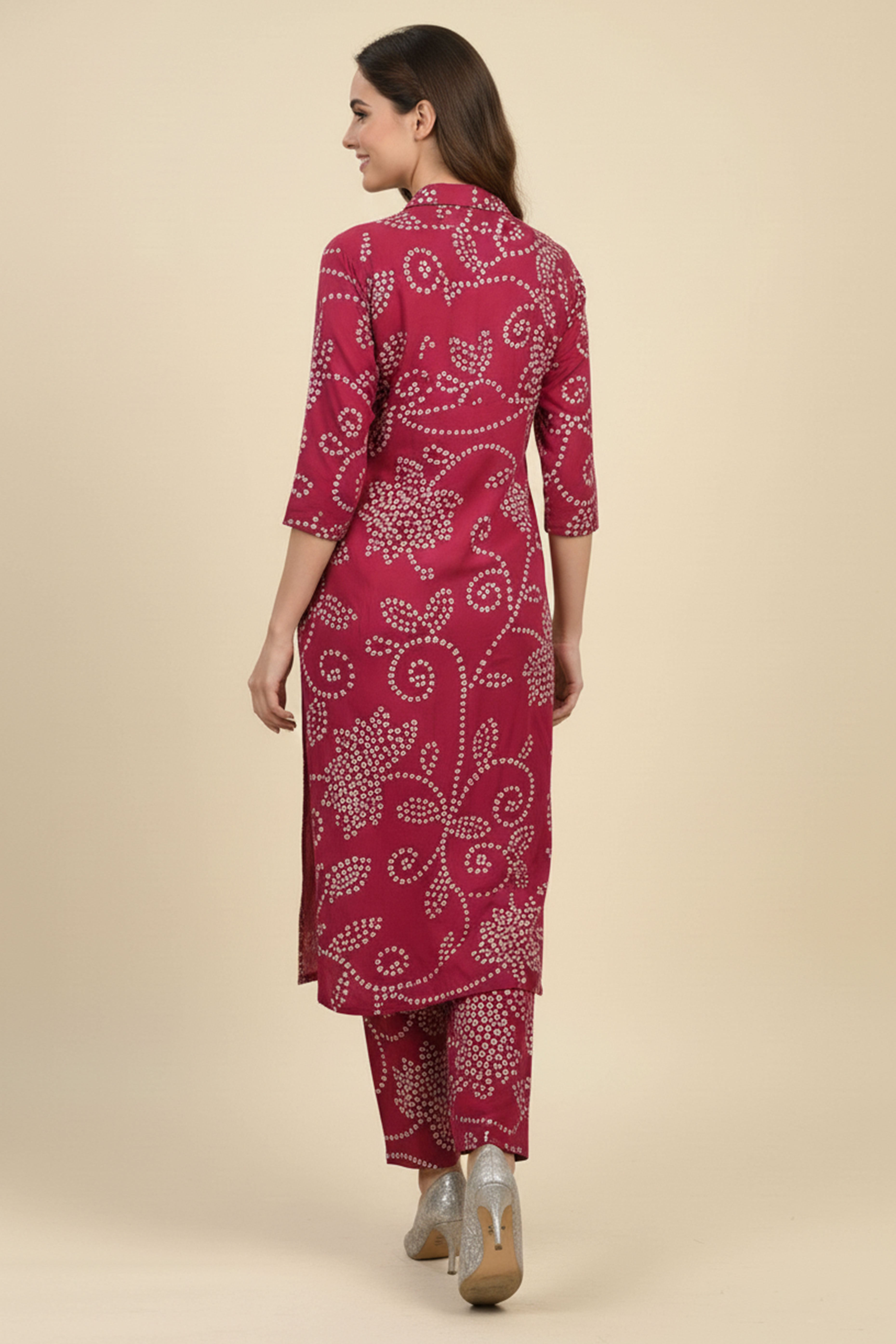 Pink Bandhani Print Straight Fit Top Bottom Set in Comfortable Rayon Fabric