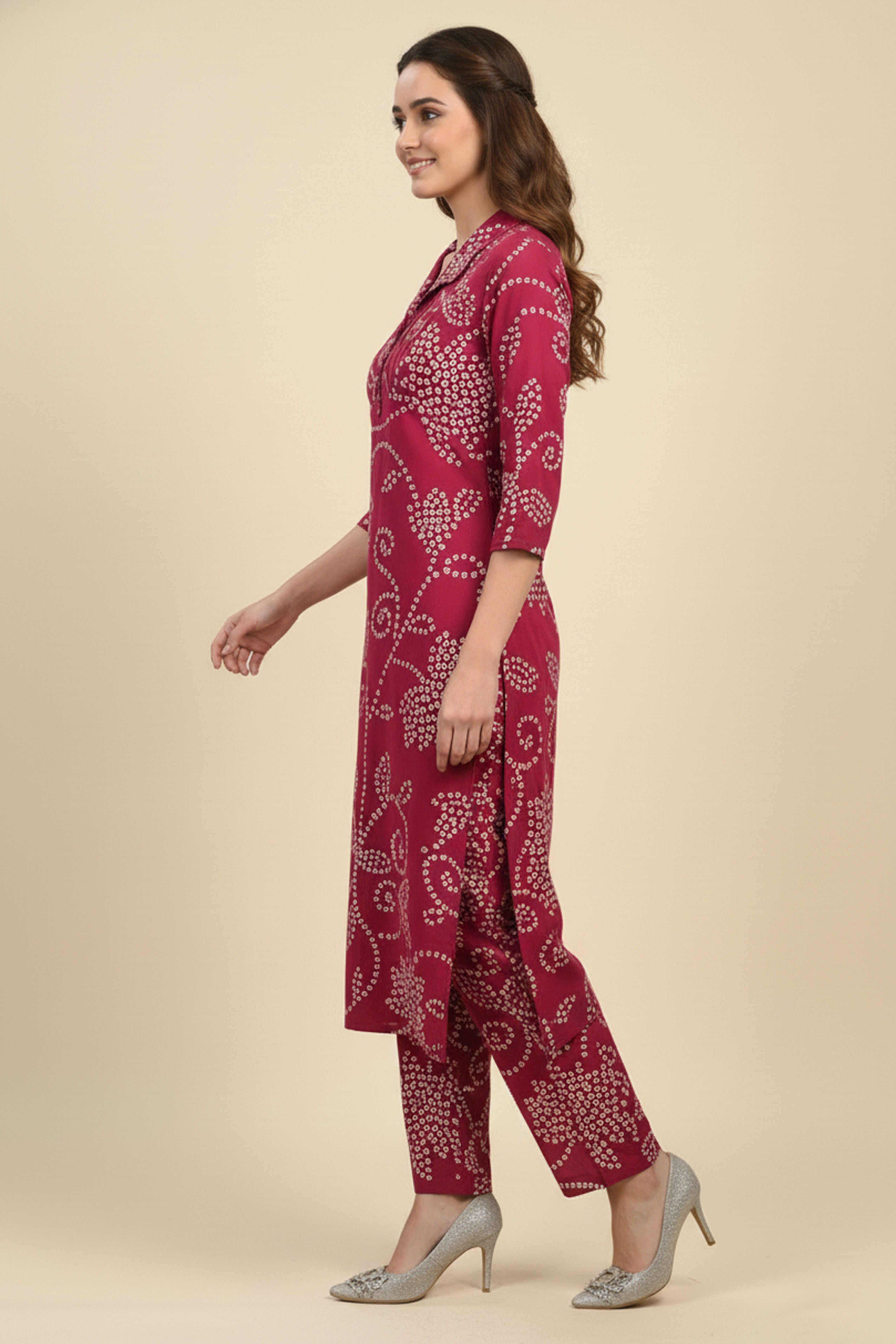 Pink Bandhani Print Straight Fit Top Bottom Set in Comfortable Rayon Fabric