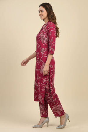 Pink Bandhani Print Straight Fit Top Bottom Set in Comfortable Rayon Fabric