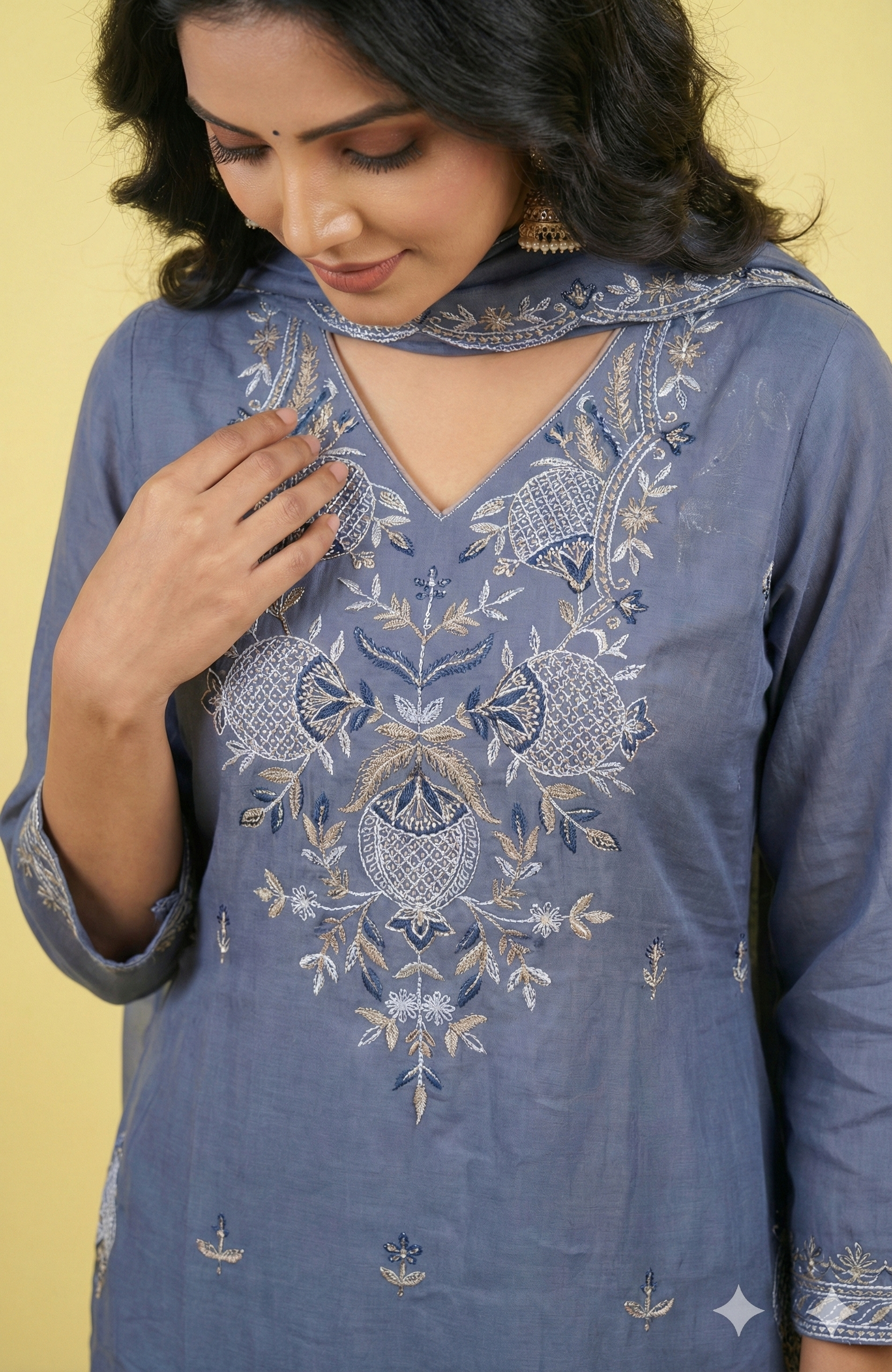 Lavender Grey Designer Chanderi Salwar Suit Featuring Intricate Floral Embroidery