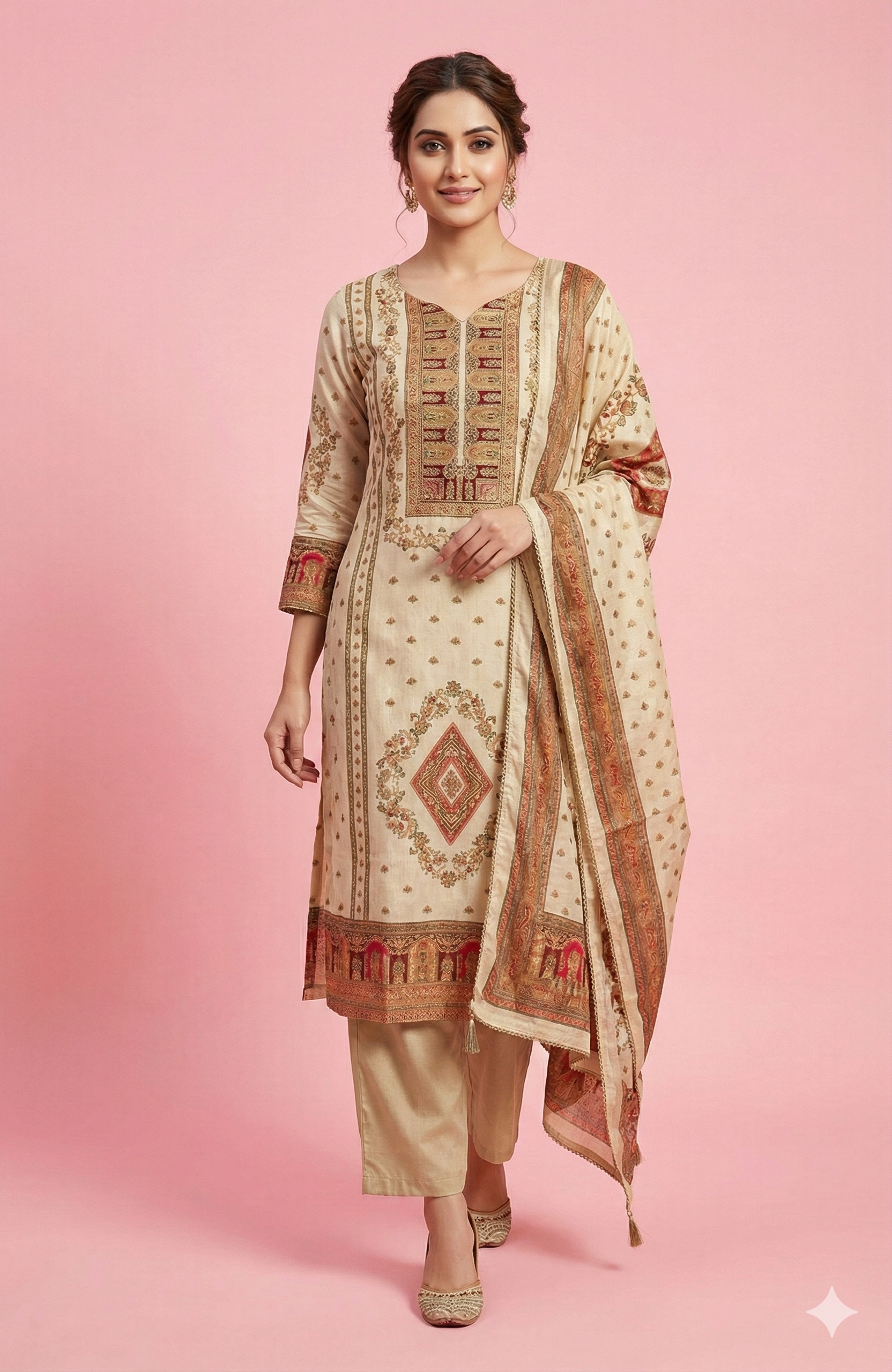 Cream Classic Straight Cut Suit with Delicate Floral Print and Beads Embellishment