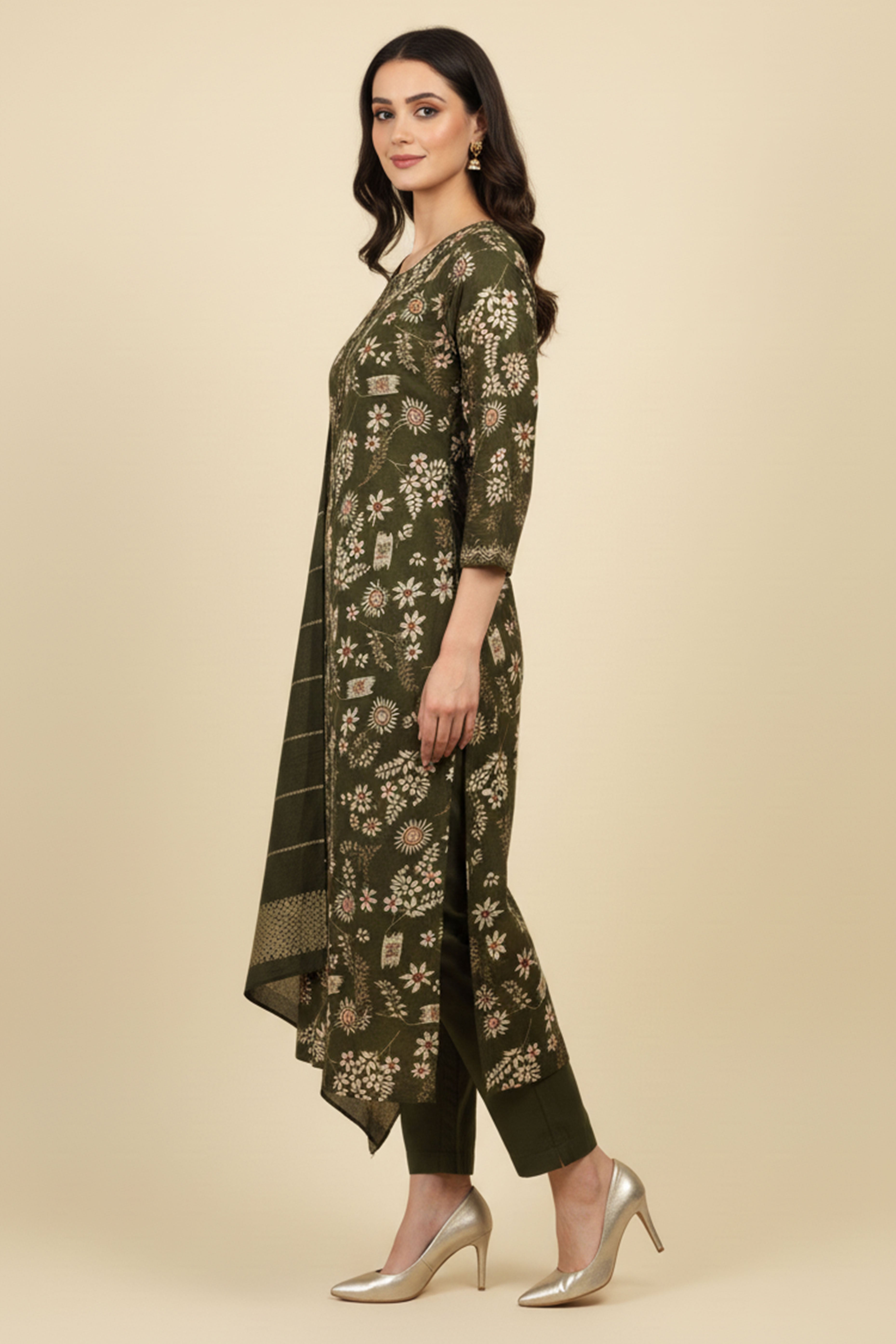 Green Straight Cut Viscose Salwar Suit with Charming Floral Patterns