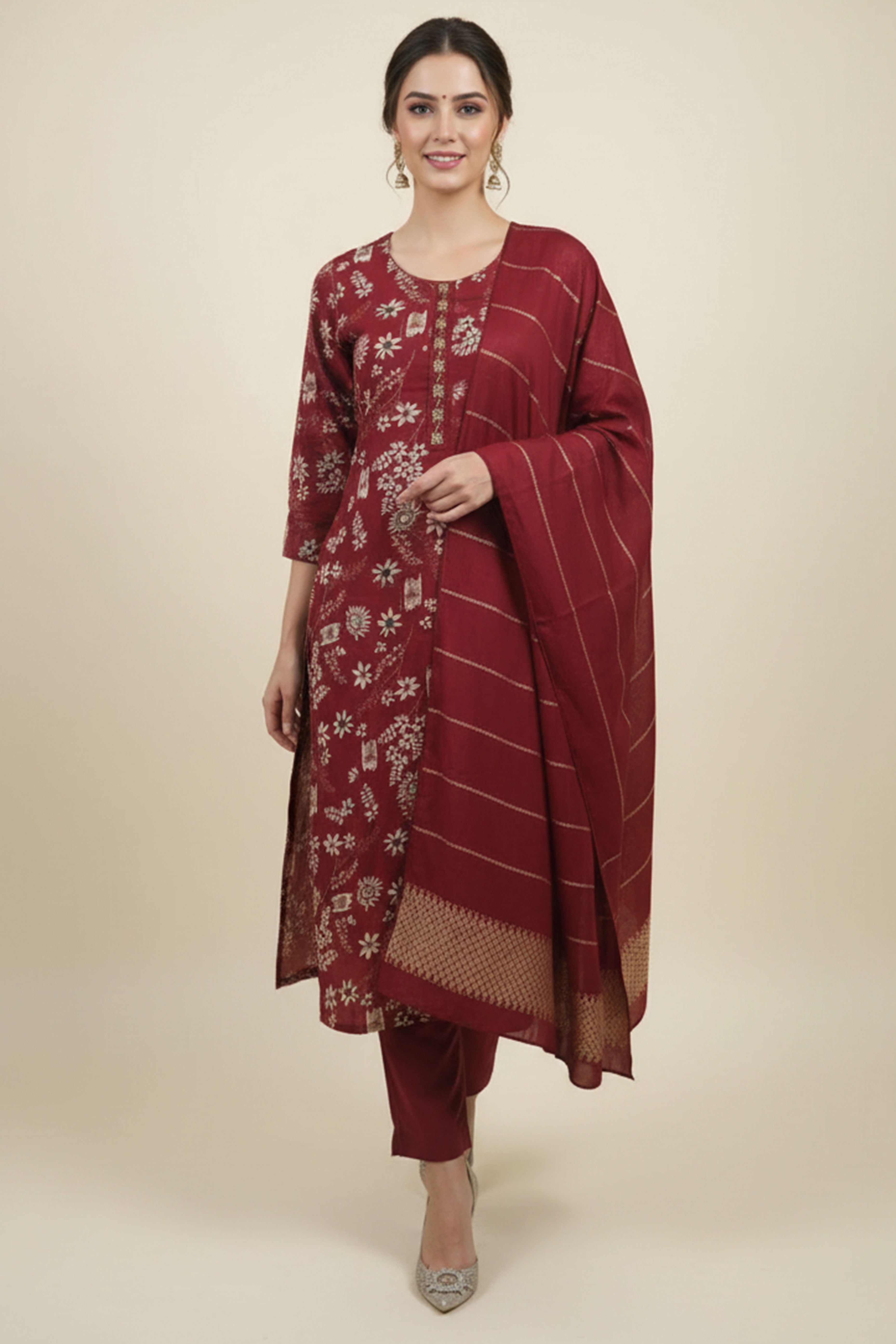 Red Straight Cut Viscose Salwar Suit with Charming Floral Patterns