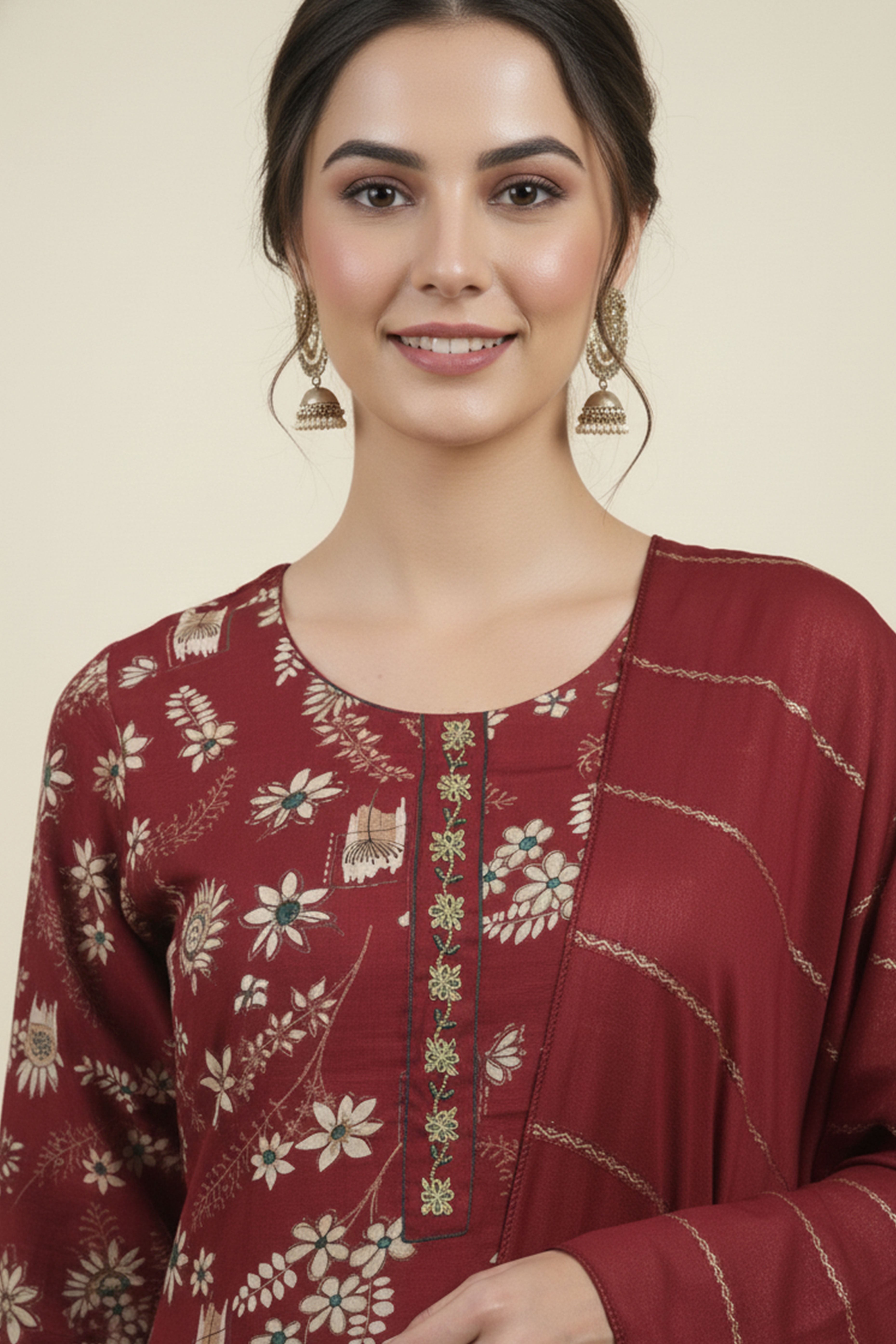 Red Straight Cut Viscose Salwar Suit with Charming Floral Patterns