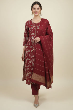 Red Straight Cut Viscose Salwar Suit with Charming Floral Patterns