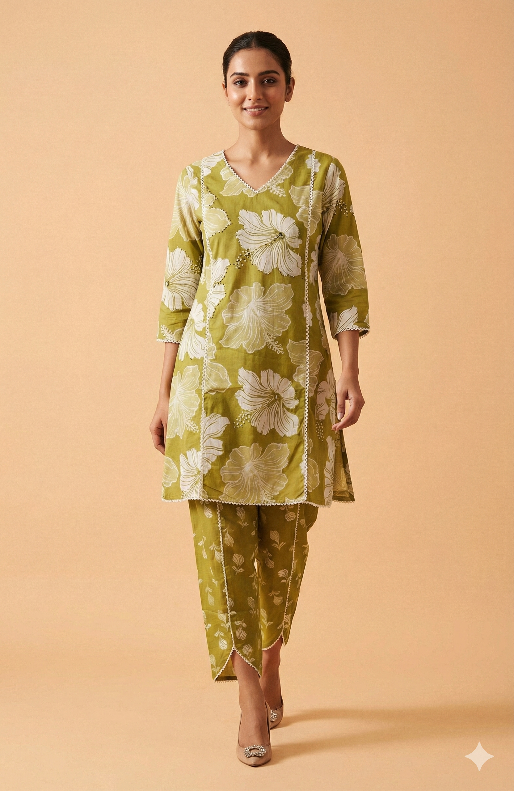 Green Floral Patterned Pure Cotton A-Line Suit Set for Casual Chic Styling