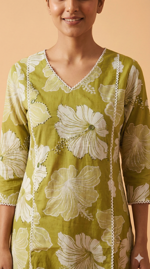 Green Floral Patterned Pure Cotton A-Line Suit Set for Casual Chic Styling