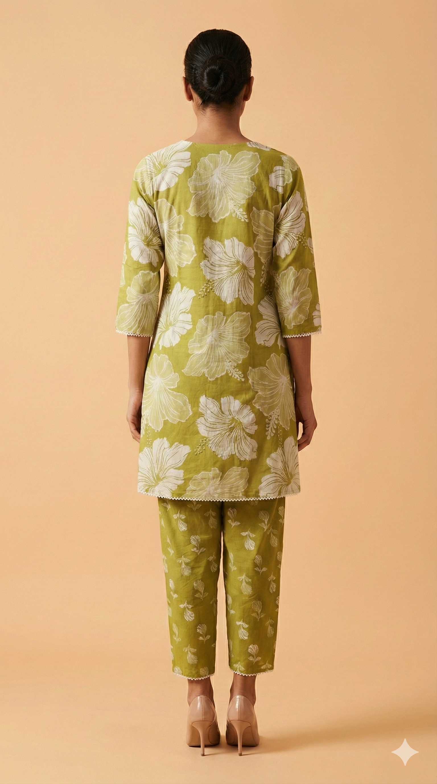 Green Floral Patterned Pure Cotton A-Line Suit Set for Casual Chic Styling