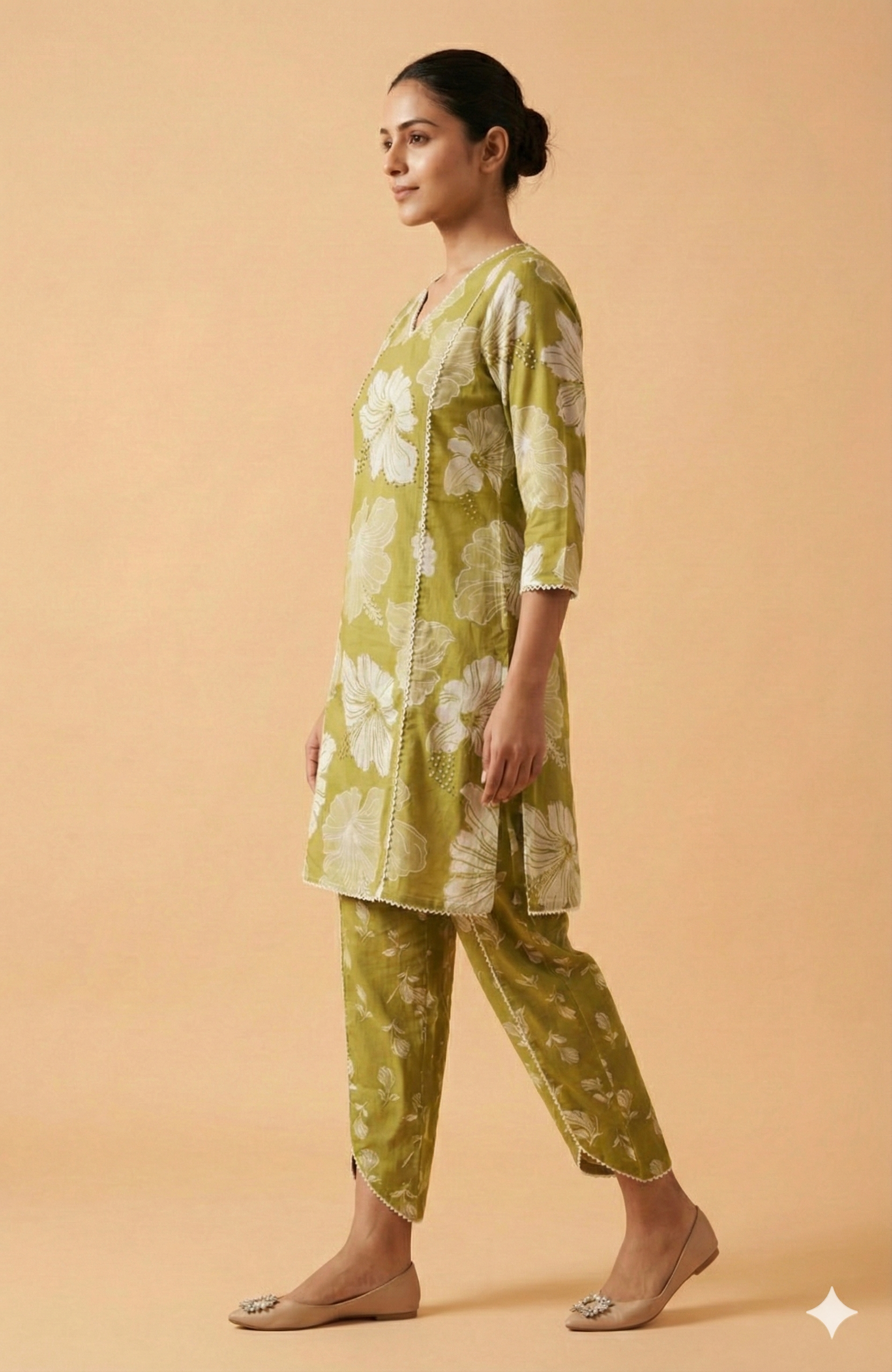 Green Floral Patterned Pure Cotton A-Line Suit Set for Casual Chic Styling