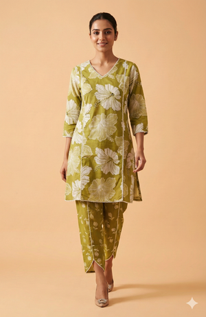 Green Floral Patterned Pure Cotton A-Line Suit Set for Casual Chic Styling