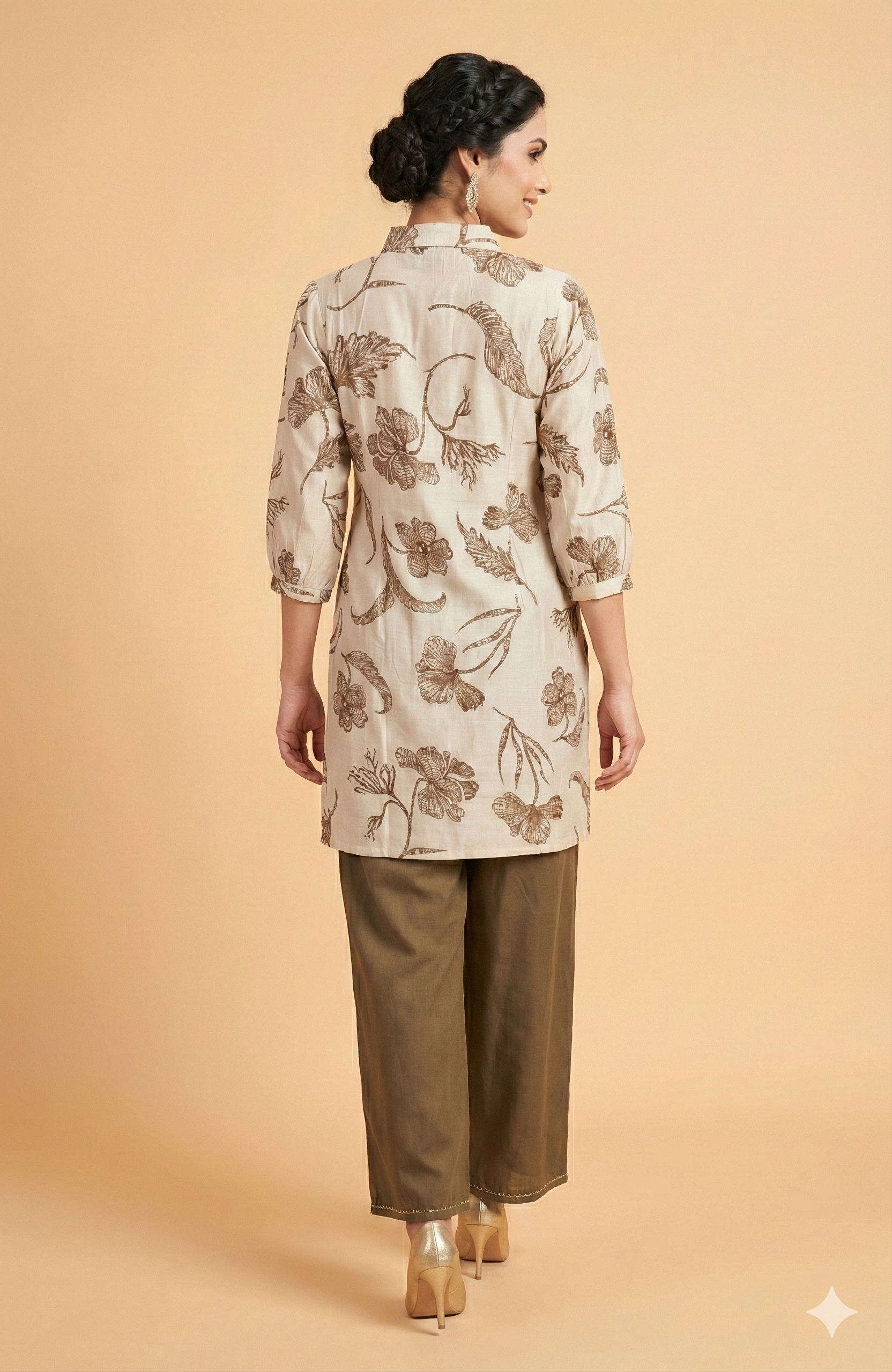 Beige Floral Printed Viscose Straight Cut Top Bottom Set with Minimal Ethnic Charm