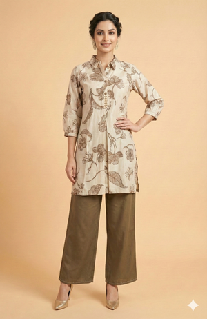 Beige Floral Printed Viscose Straight Cut Top Bottom Set with Minimal Ethnic Charm