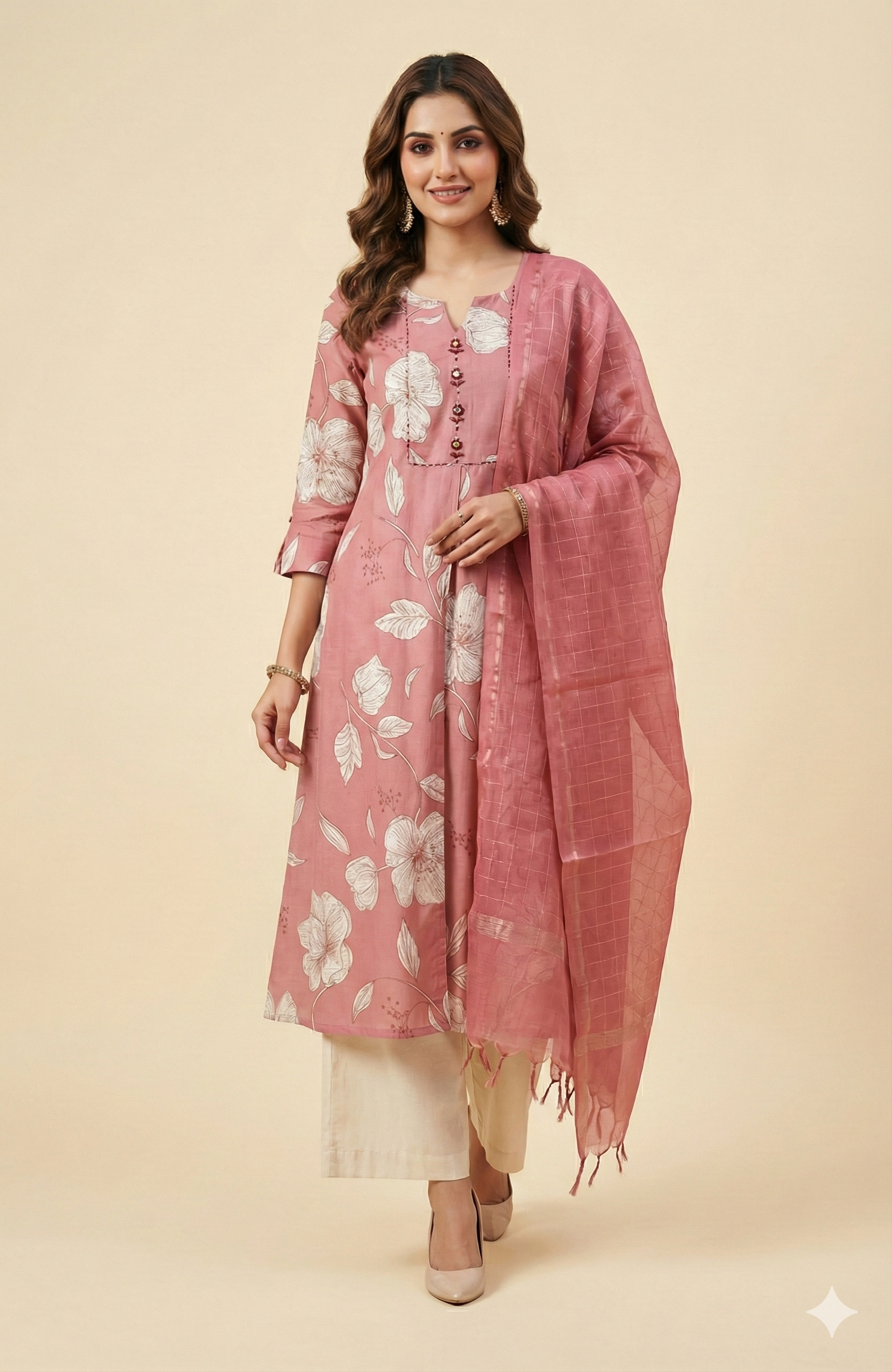 Pink Floral Print Viscose A Line Salwar Suit Comfortable Ethnic Essential