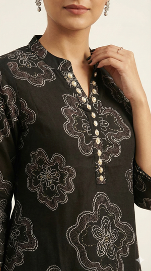 Black Contemporary Floral Printed Viscose Straight Cut Top & Bottom Set