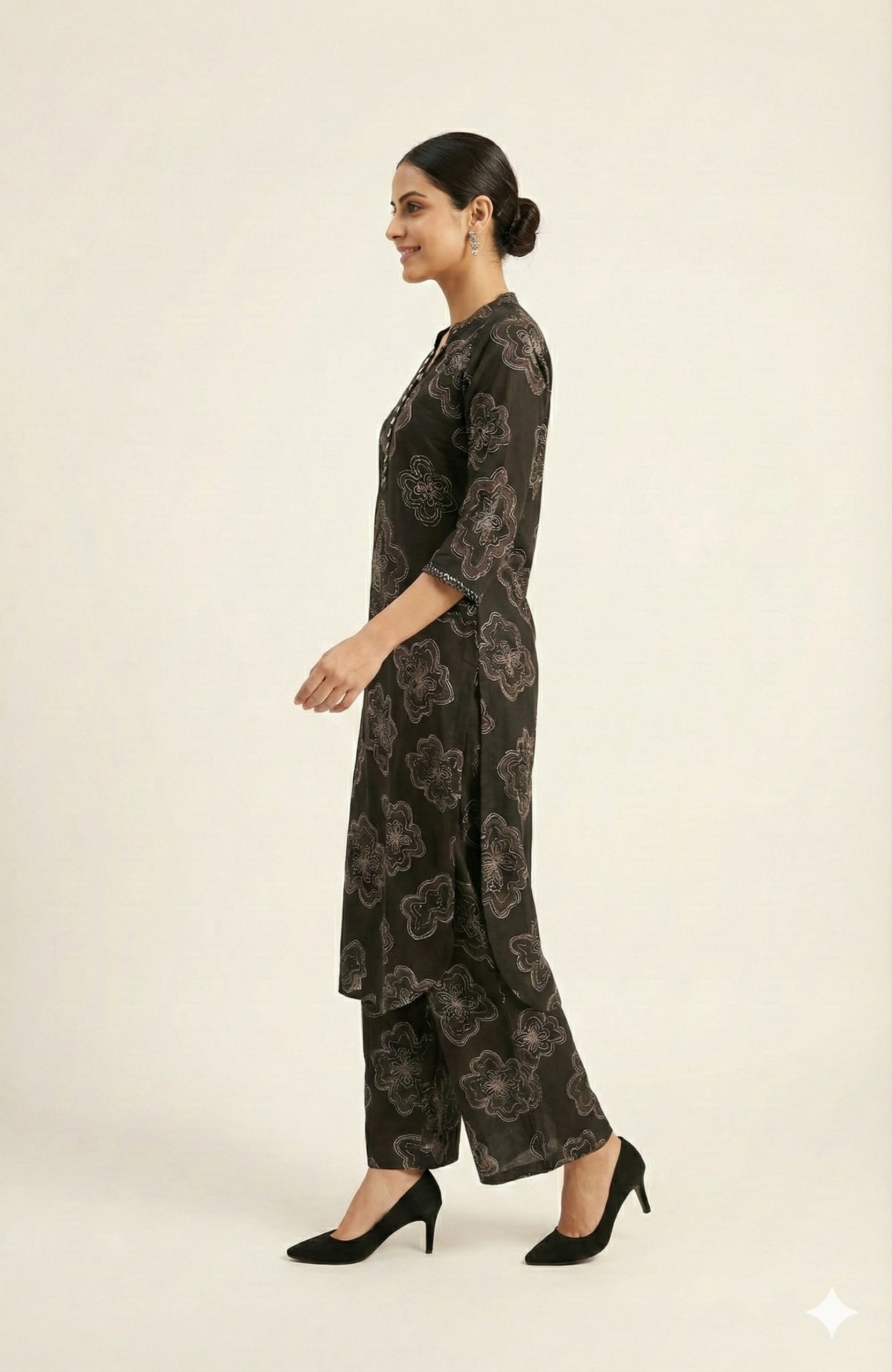 Black Contemporary Floral Printed Viscose Straight Cut Top & Bottom Set