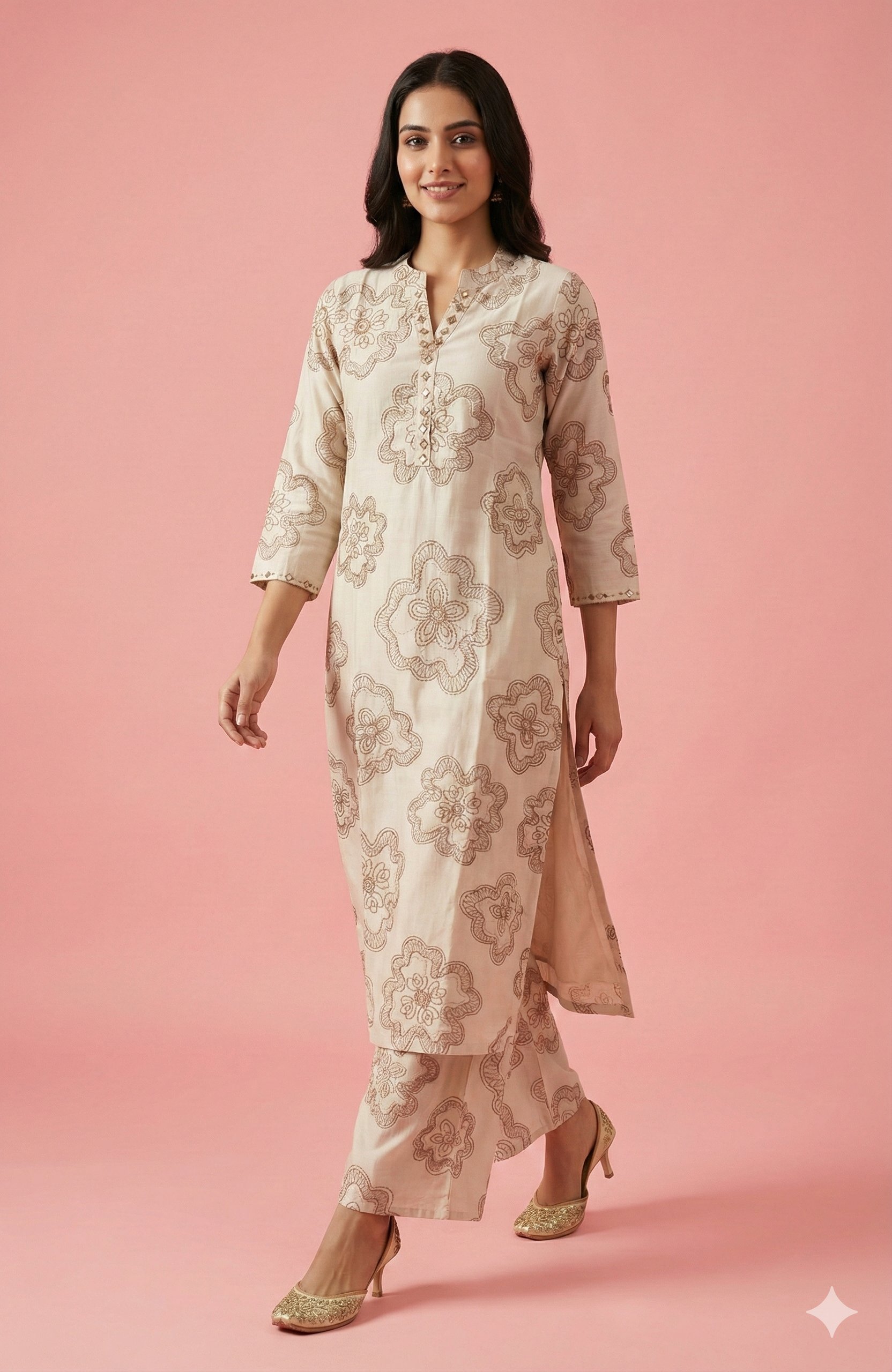 Off-White Straight-Cut Viscose Top and Bottom Set Accented with Floral Foil Printing