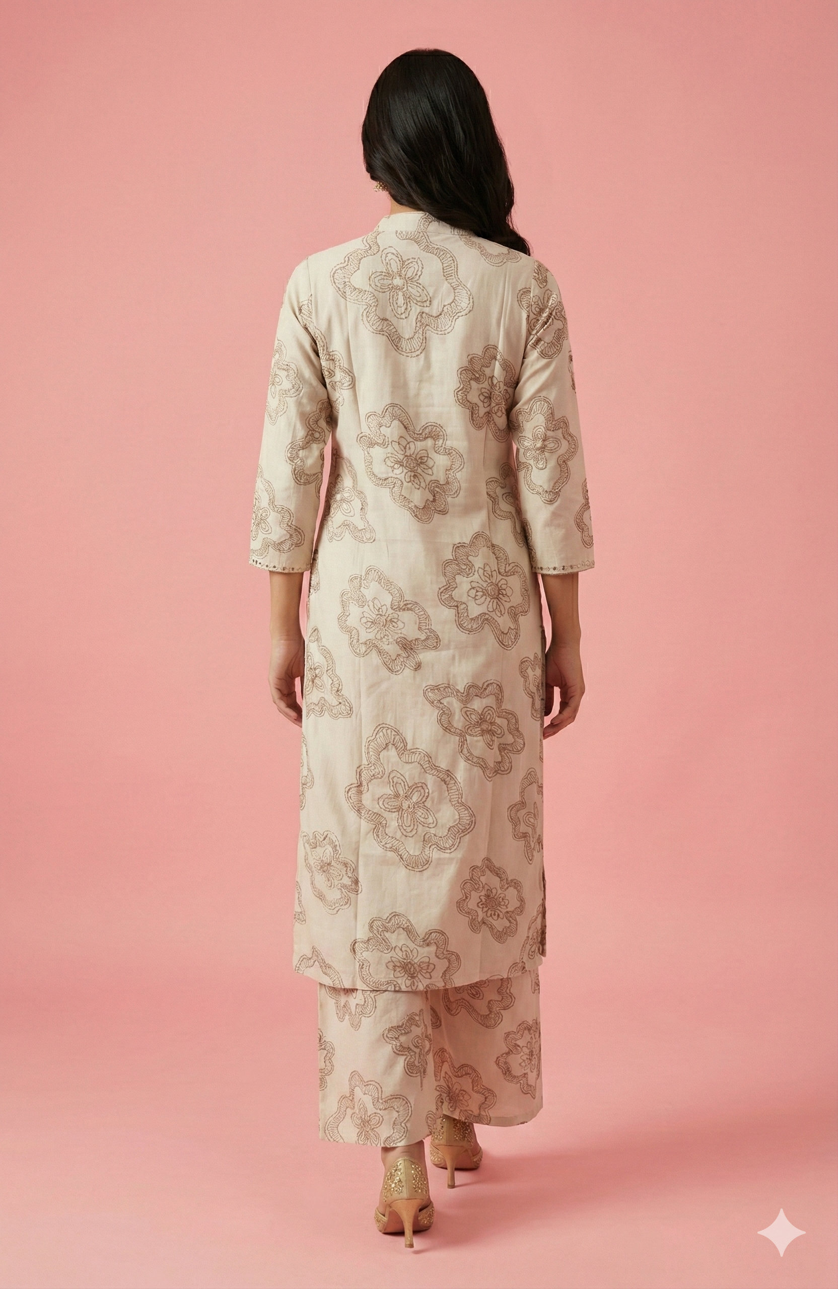 Off-White Straight-Cut Viscose Top and Bottom Set Accented with Floral Foil Printing