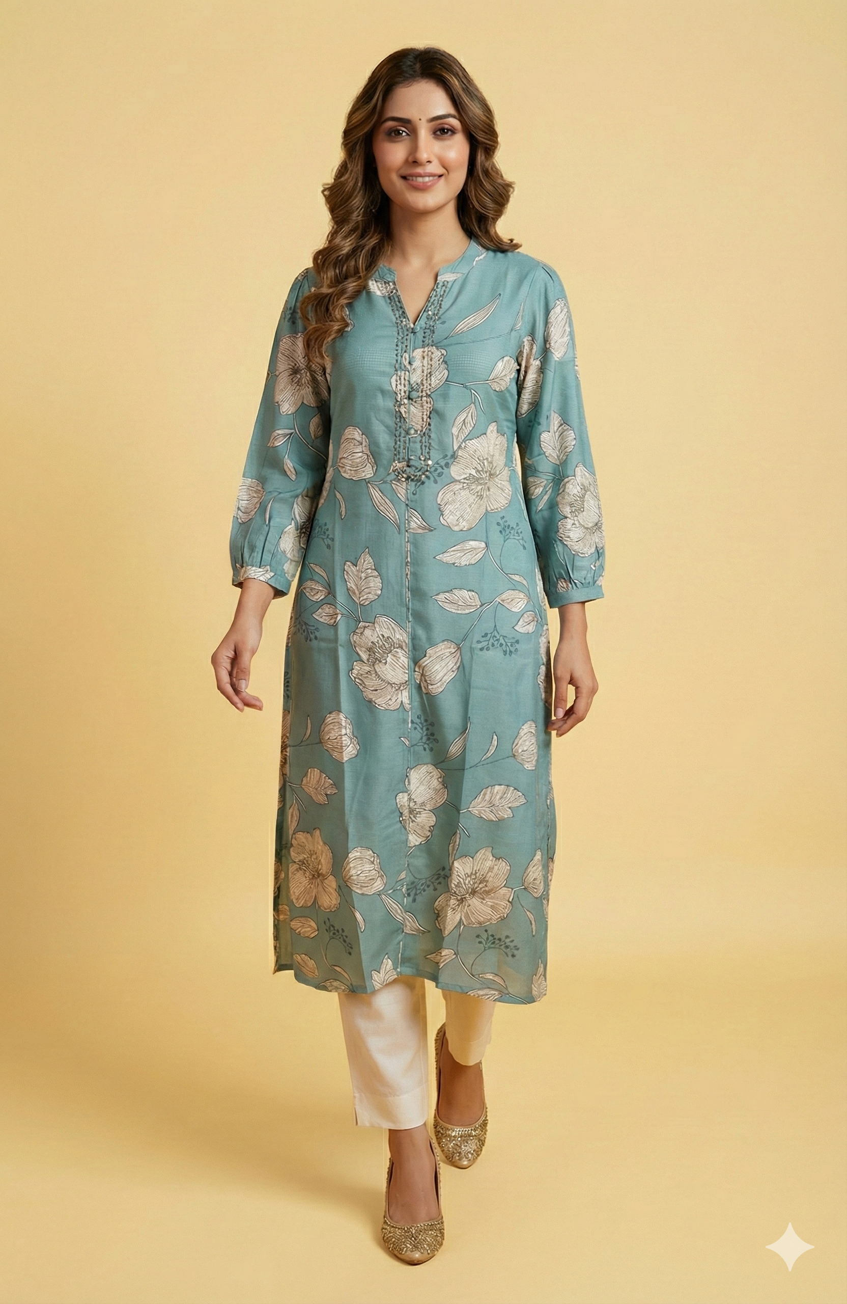 Sky Blue Lightweight Viscose Straight-Cut Top & Bottom Set with Floral Design