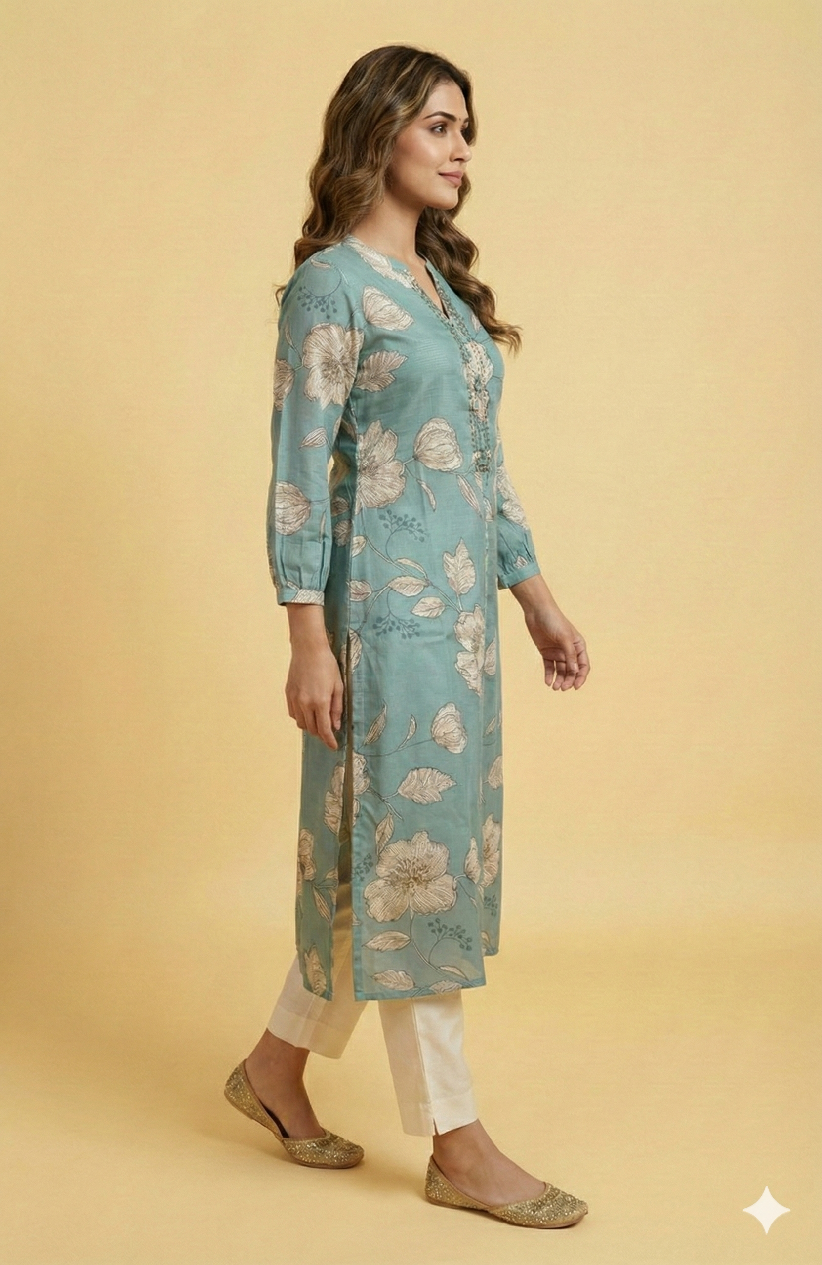 Sky Blue Lightweight Viscose Straight-Cut Top & Bottom Set with Floral Design