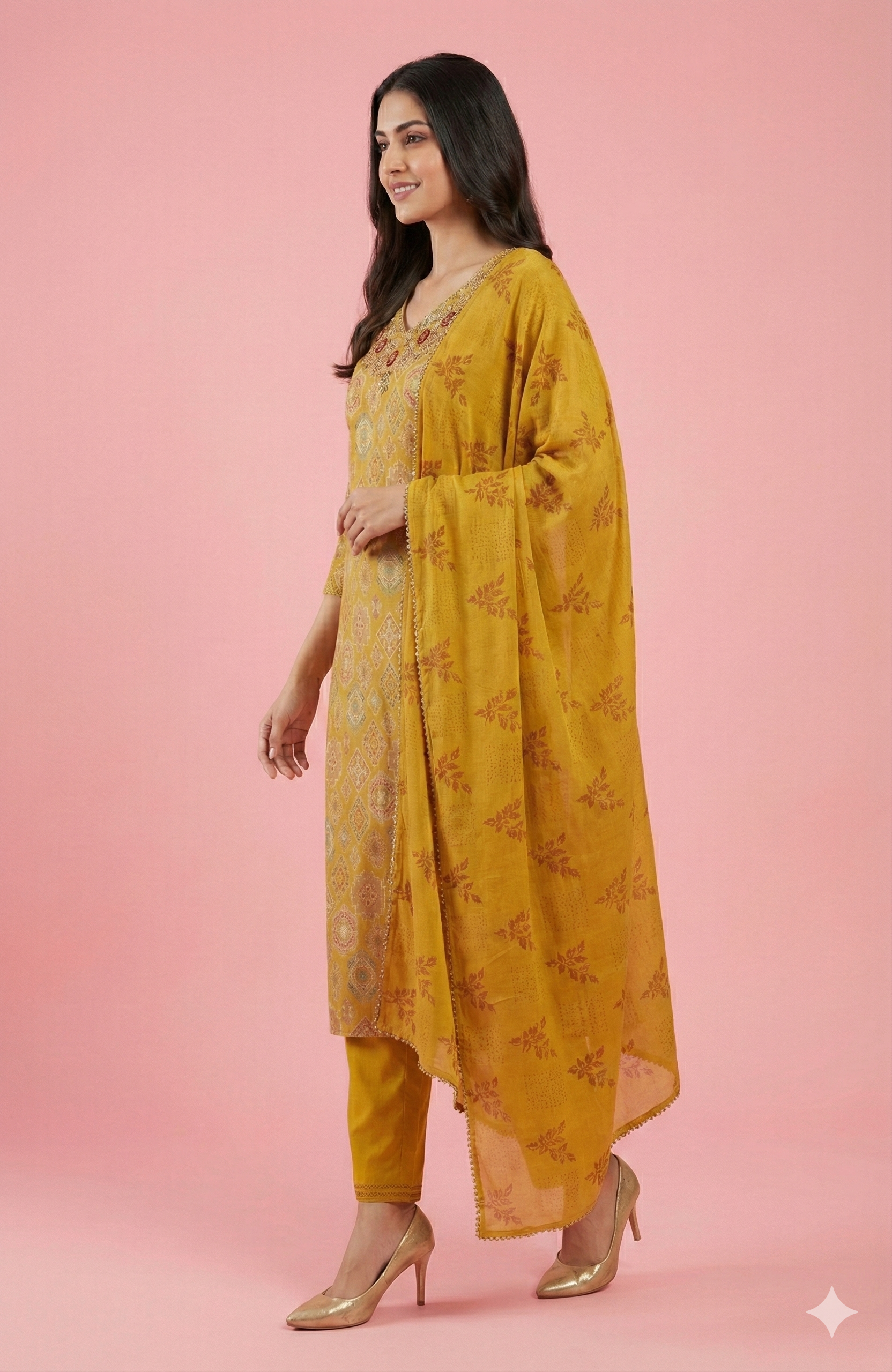 Yellow Elegant Rayon Straight Suit Accented with Geometric Prints and Handcrafted Bead Work