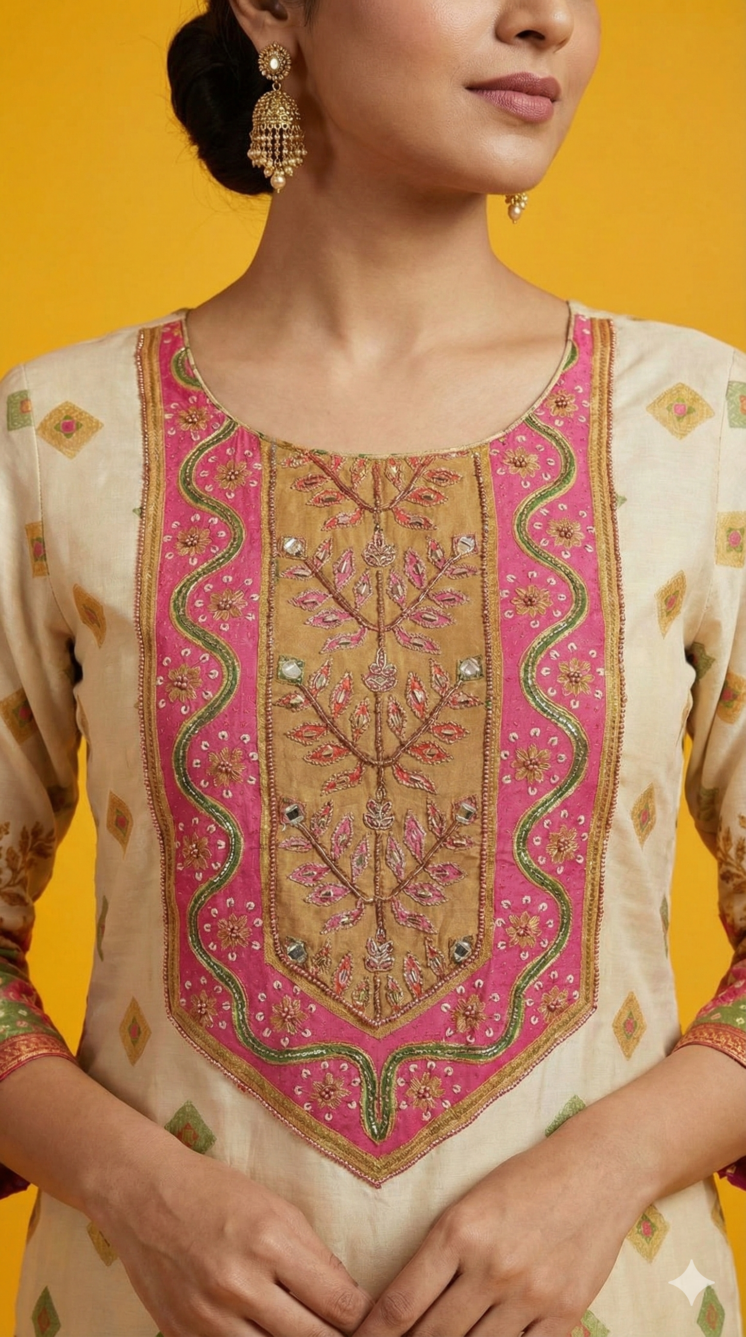 Cream Muslin Straight Cut Suit with Traditional Bandhani Style Print and Elegant Handwork Finish
