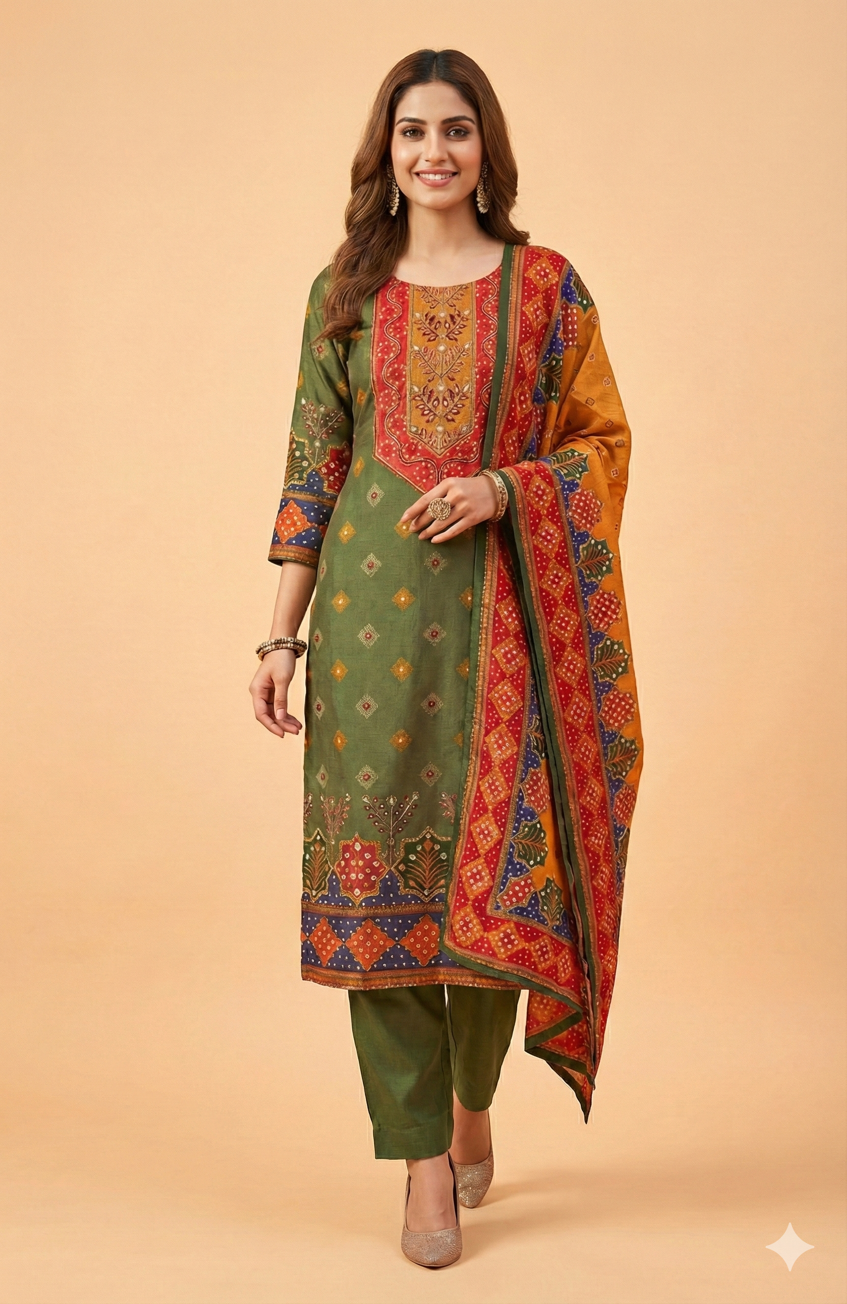 Green Floral Printed Muslin Straight Fit Salwar Suit with Elegant Handwork Embroidery