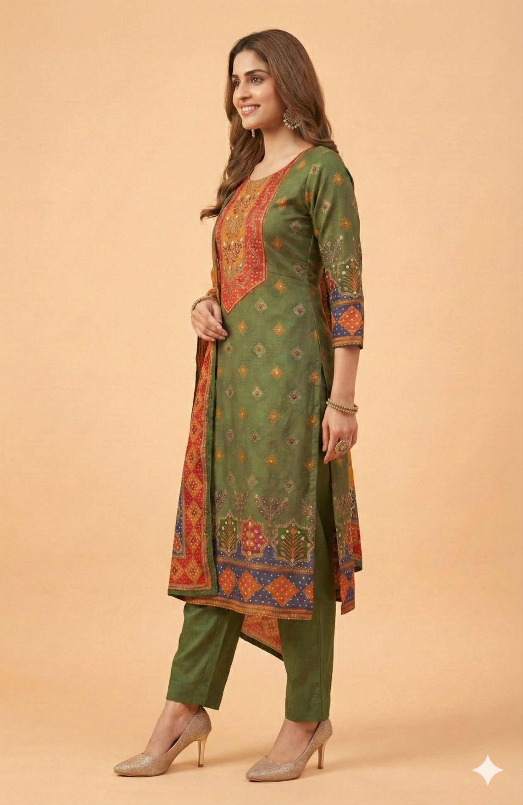 Green Floral Printed Muslin Straight Fit Salwar Suit with Elegant Handwork Embroidery