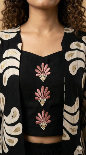 Black Floral Printed Rayon Top and Bottom Set with Jacket for Effortless Contemporary Look