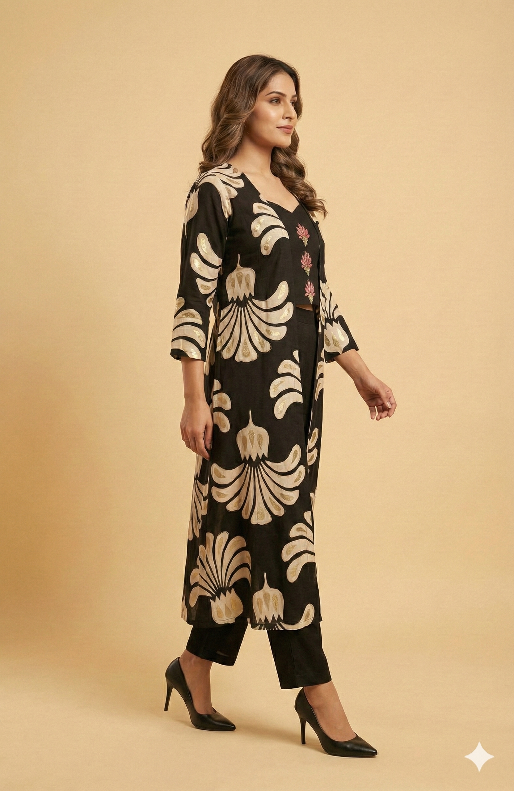 Black Floral Printed Rayon Top and Bottom Set with Jacket for Effortless Contemporary Look