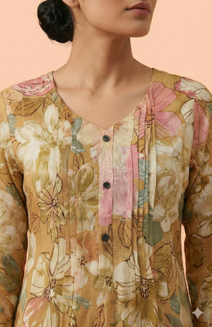 Mustard Floral Printed Muslin Co-Ord Set Offering Lightweight Comfort and Chic Daily Wear Appeal