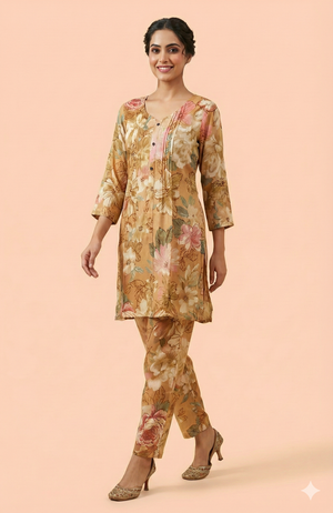 Mustard Floral Printed Muslin Co-Ord Set Offering Lightweight Comfort and Chic Daily Wear Appeal