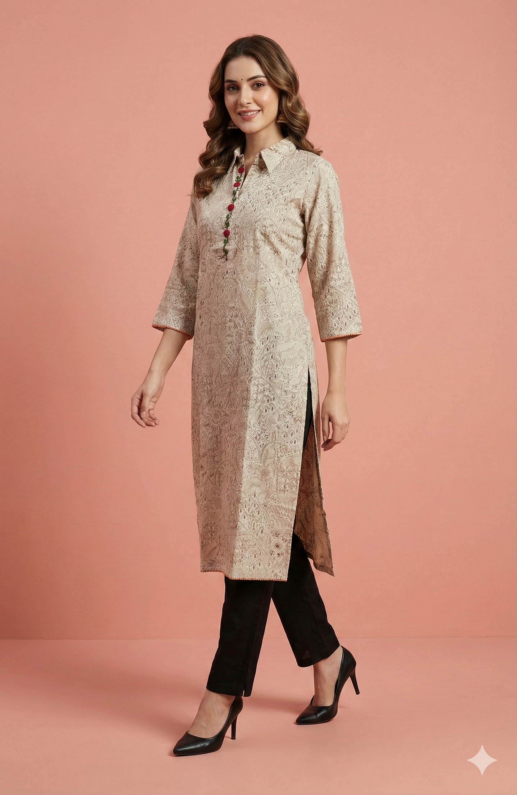 Beige Pure Cotton Straight-Cut Kurti Accented with Floral Foil Prints