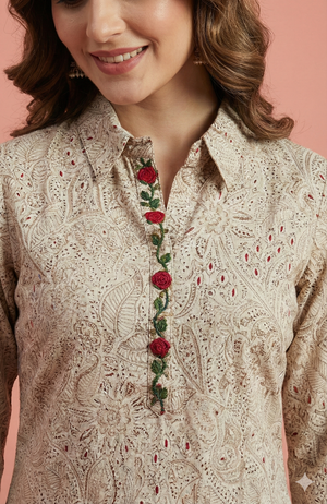 Beige Pure Cotton Straight-Cut Kurti Accented with Floral Foil Prints