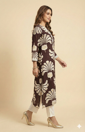 Wine Contemporary Floral Printed Rayon Straight Cut Top & Bottom Set